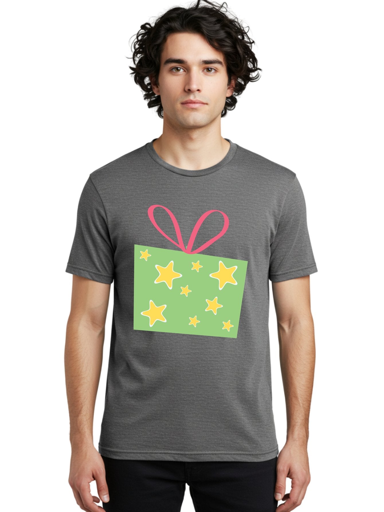 Gift-Tag-Stars Men'S Graphic Tee, 100% Cotton, Comfortable Casual Summer Wear, Machine Washable, Gift Tag, Yellow Stars, Pink Ribbon, Festive Design, Celebratory Theme, Decorative Element, Party Favor, Gift Decoration, Shiny Stars Aac754 17