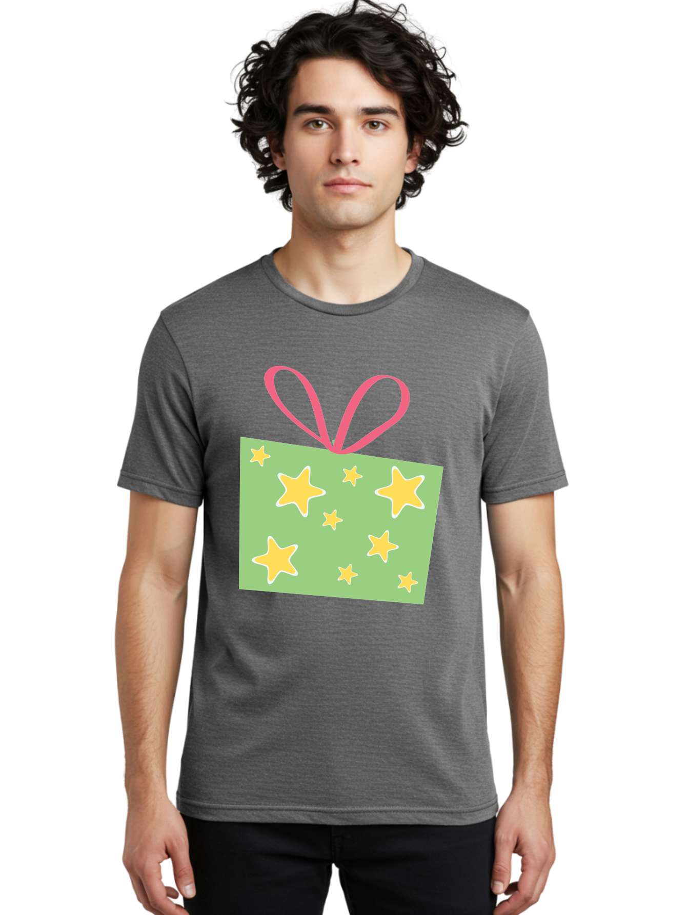 Gift-Tag-Stars Men'S Graphic Tee, 100% Cotton, Comfortable Casual Summer Wear, Machine Washable, Gift Tag, Yellow Stars, Pink Ribbon, Festive Design, Celebratory Theme, Decorative Element, Party Favor, Gift Decoration, Shiny Stars Aac754 28
