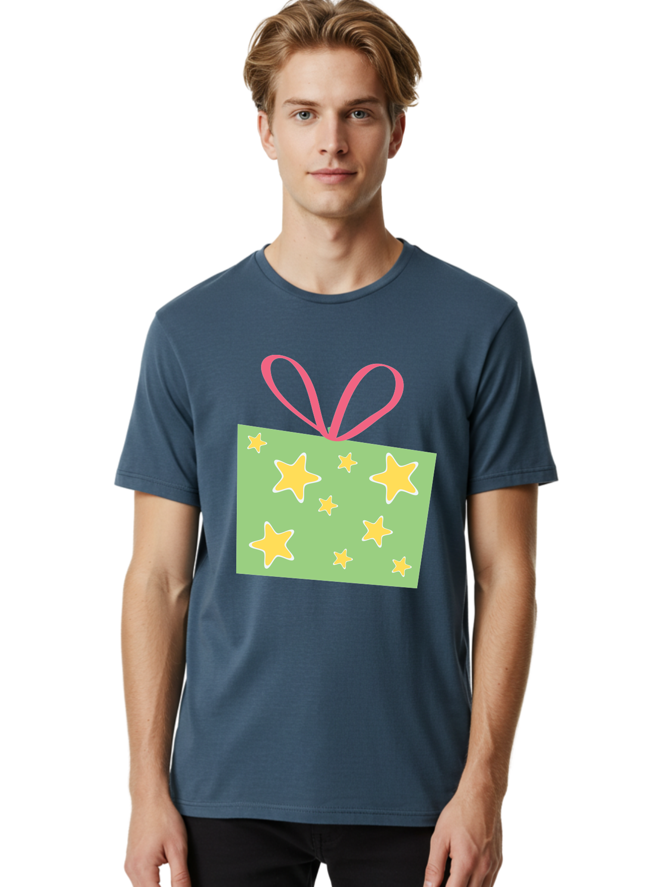 Gift-Tag-Stars Men'S Graphic Tee, 100% Cotton, Comfortable Casual Summer Wear, Machine Washable, Gift Tag, Yellow Stars, Pink Ribbon, Festive Design, Celebratory Theme, Decorative Element, Party Favor, Gift Decoration, Shiny Stars Aac754 22