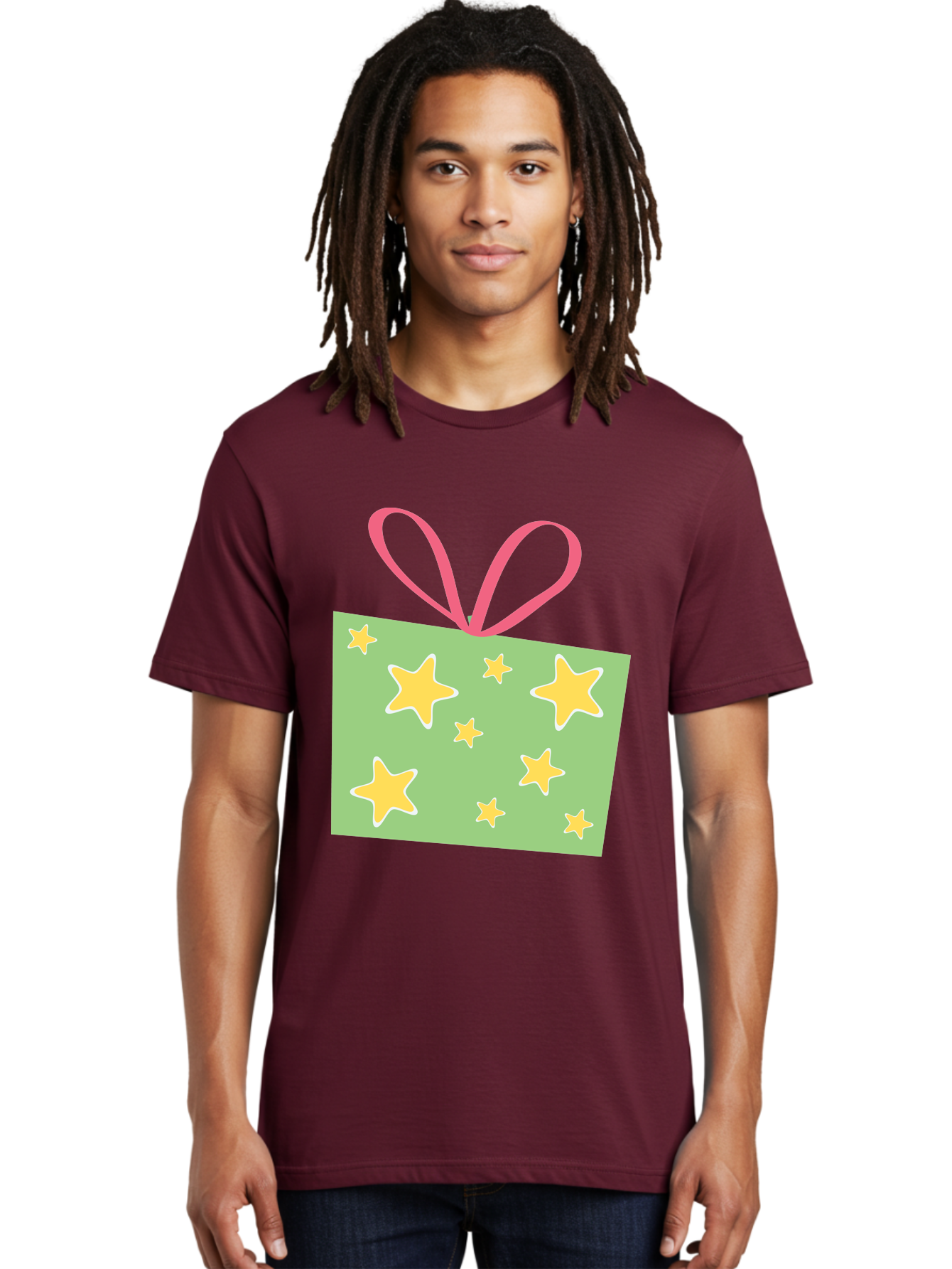 Gift-Tag-Stars Men'S Graphic Tee, 100% Cotton, Comfortable Casual Summer Wear, Machine Washable, Gift Tag, Yellow Stars, Pink Ribbon, Festive Design, Celebratory Theme, Decorative Element, Party Favor, Gift Decoration, Shiny Stars Aac754 10