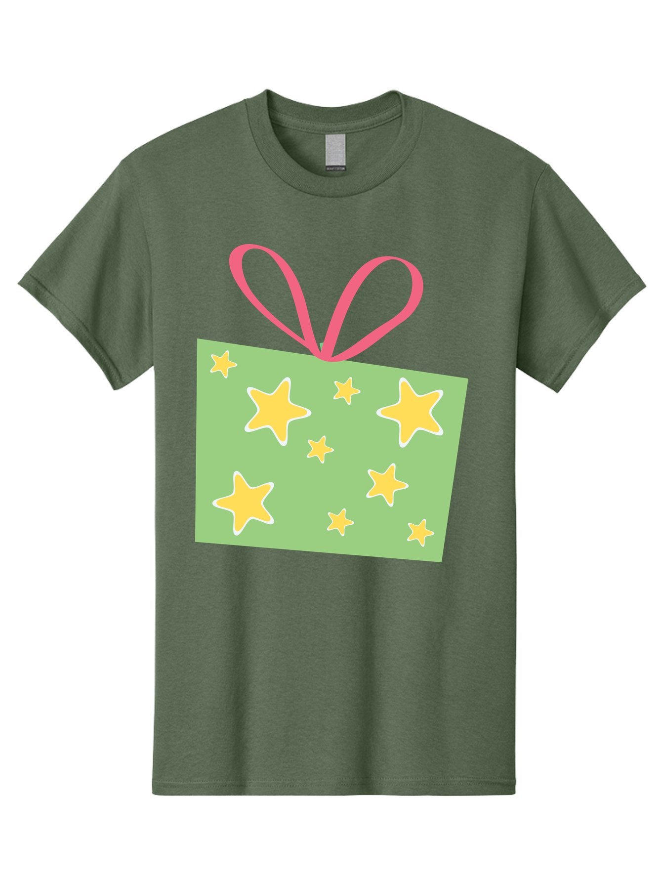 Gift-Tag-Stars Men'S Graphic Tee, 100% Cotton, Comfortable Casual Summer Wear, Machine Washable, Gift Tag, Yellow Stars, Pink Ribbon, Festive Design, Celebratory Theme, Decorative Element, Party Favor, Gift Decoration, Shiny Stars Aac754