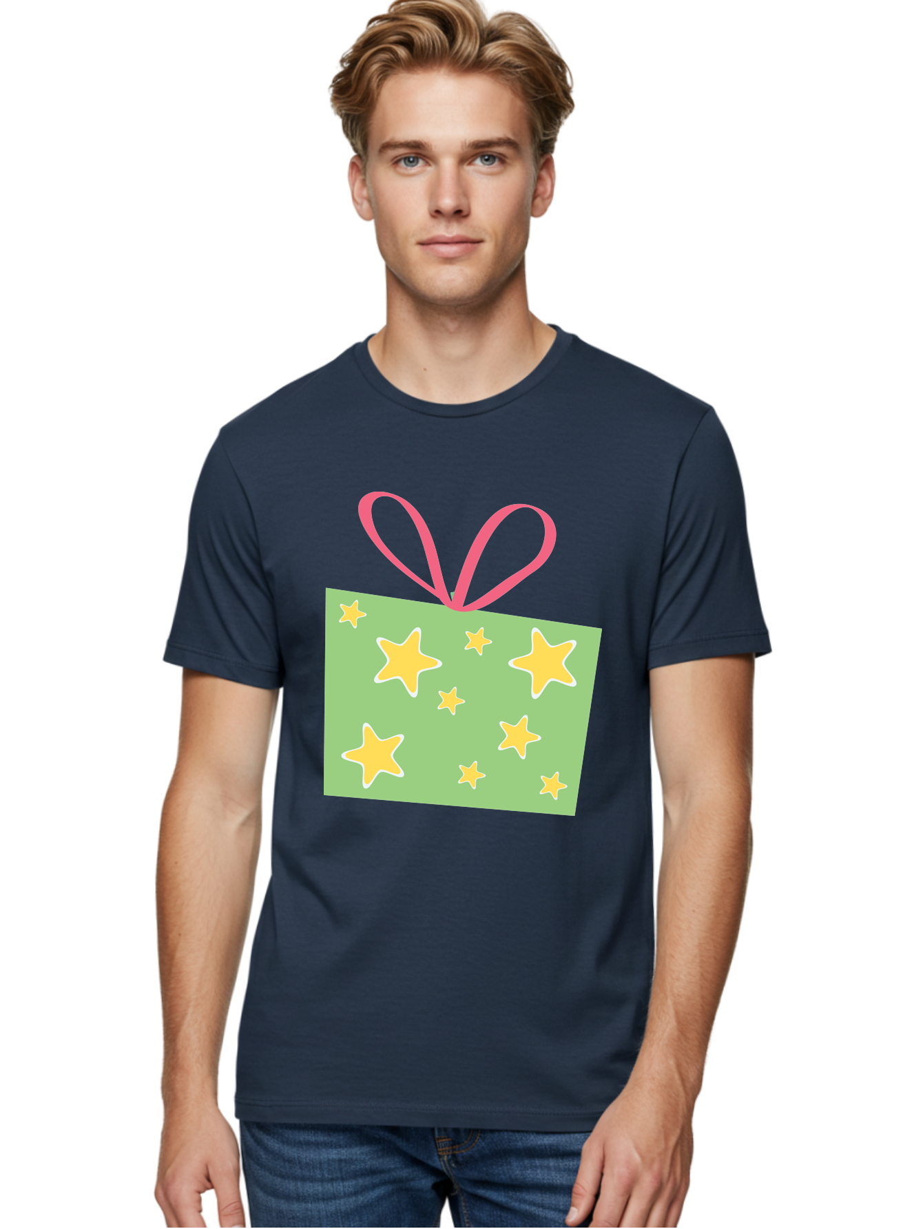 Gift-Tag-Stars Men'S Graphic Tee, 100% Cotton, Comfortable Casual Summer Wear, Machine Washable, Gift Tag, Yellow Stars, Pink Ribbon, Festive Design, Celebratory Theme, Decorative Element, Party Favor, Gift Decoration, Shiny Stars Aac754 24