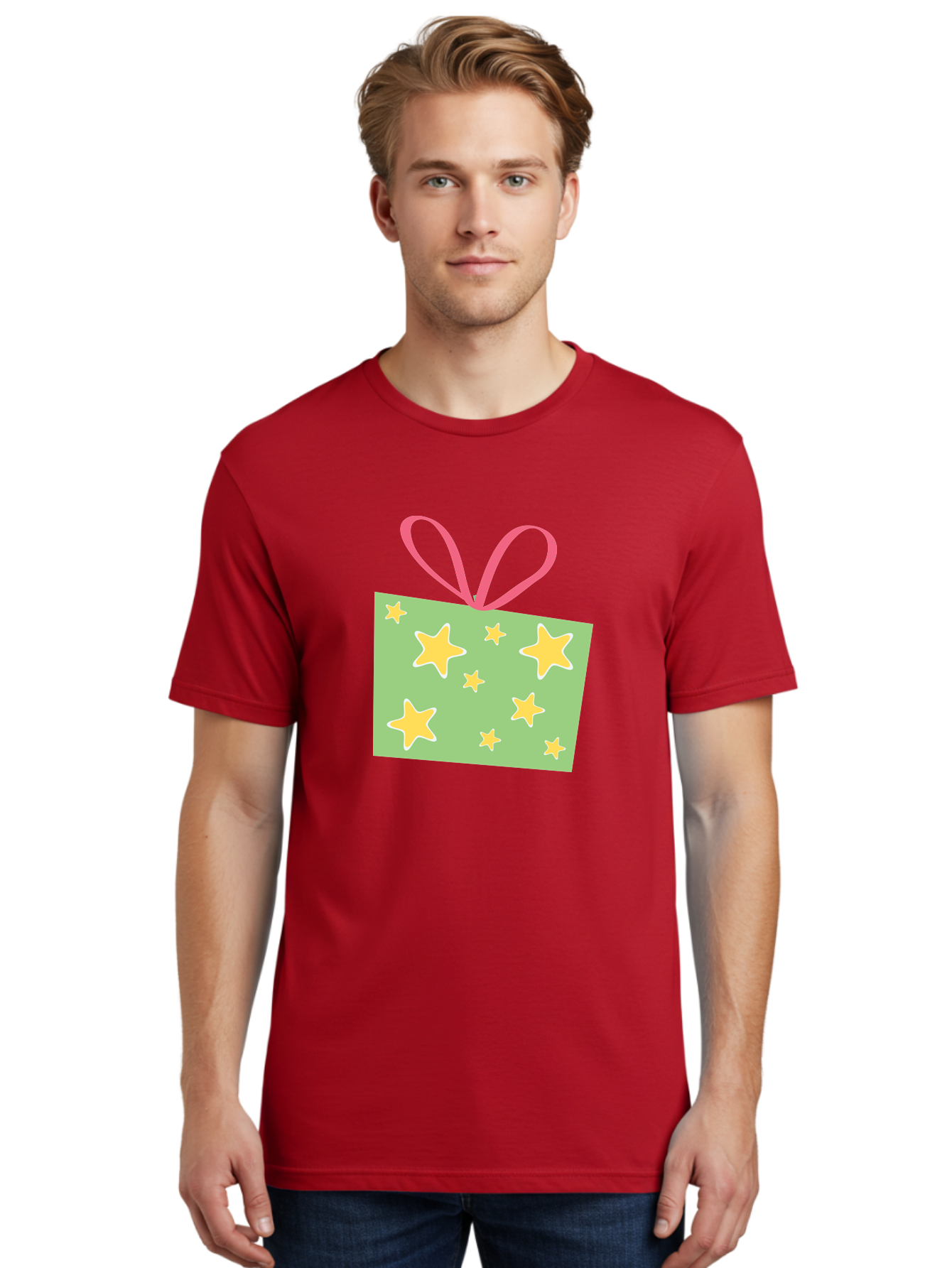 Gift-Tag-Stars Men'S Graphic Tee, 100% Cotton, Comfortable Casual Summer Wear, Machine Washable, Gift Tag, Yellow Stars, Pink Ribbon, Festive Design, Celebratory Theme, Decorative Element, Party Favor, Gift Decoration, Shiny Stars Aac754 26