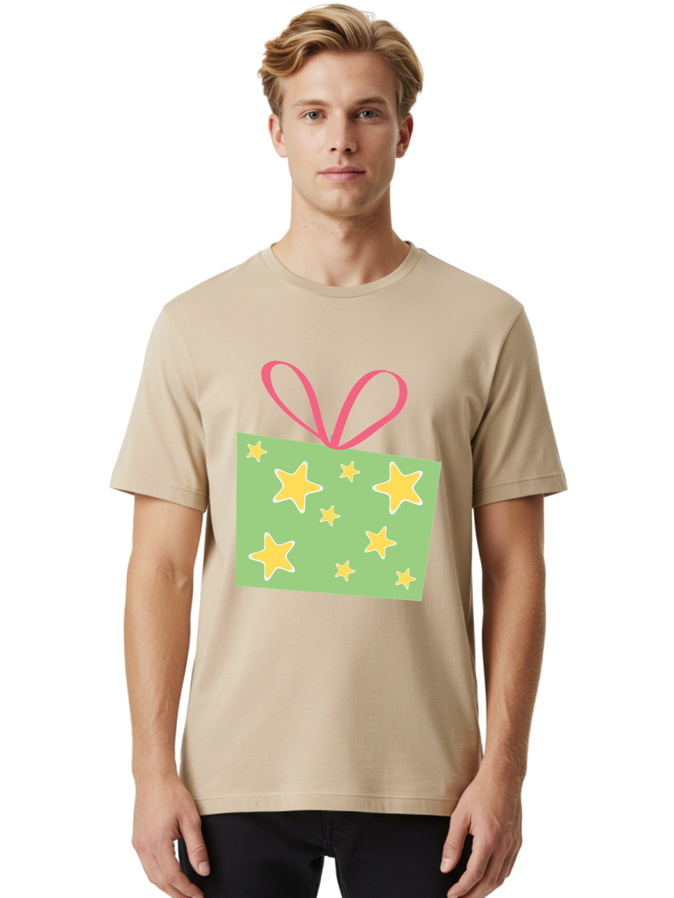 Gift-Tag-Stars Men'S Graphic Tee, 100% Cotton, Comfortable Casual Summer Wear, Machine Washable, Gift Tag, Yellow Stars, Pink Ribbon, Festive Design, Celebratory Theme, Decorative Element, Party Favor, Gift Decoration, Shiny Stars Aac754 6