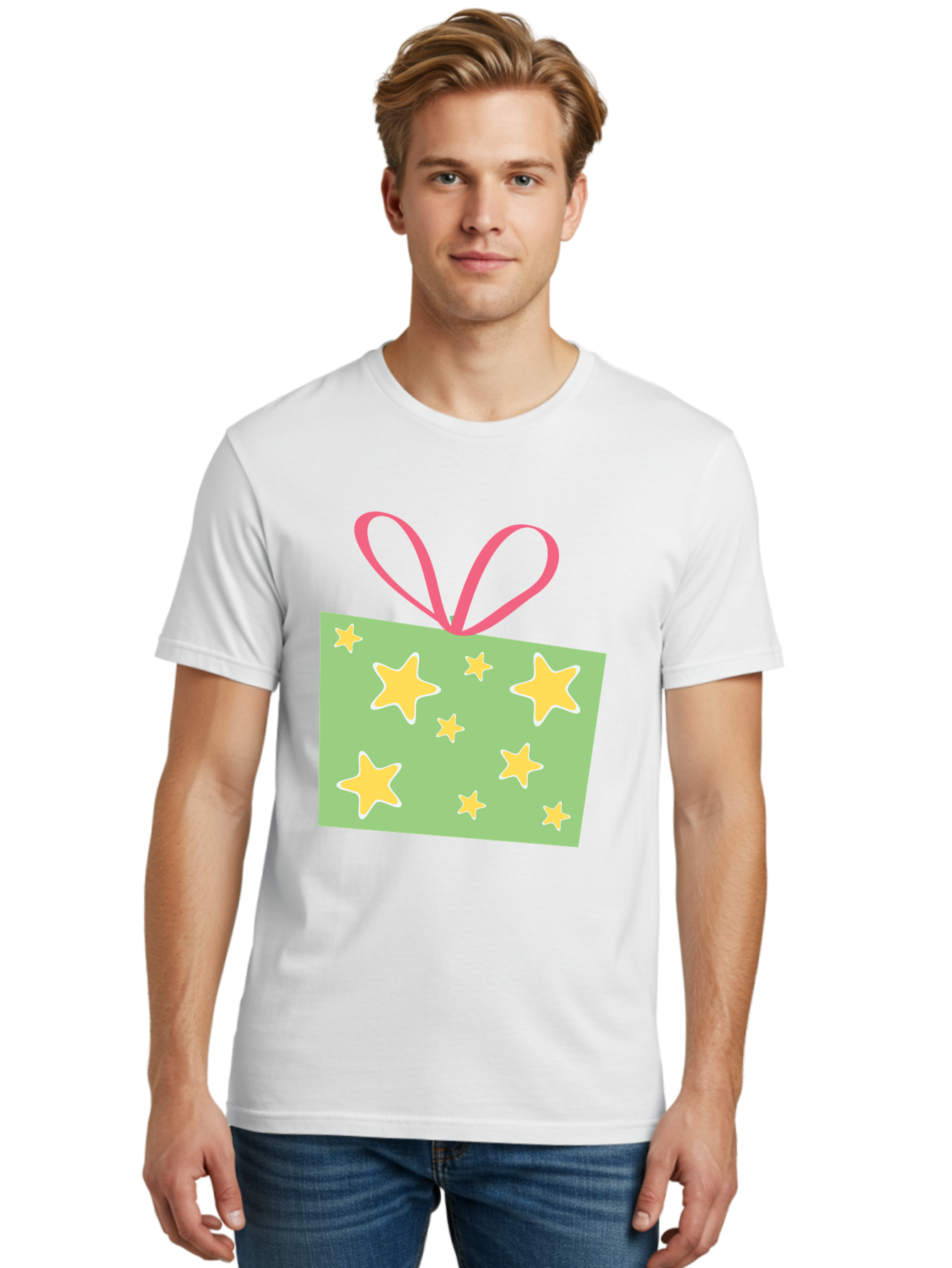 Gift-Tag-Stars Men'S Graphic Tee, 100% Cotton, Comfortable Casual Summer Wear, Machine Washable, Gift Tag, Yellow Stars, Pink Ribbon, Festive Design, Celebratory Theme, Decorative Element, Party Favor, Gift Decoration, Shiny Stars Aac754 4