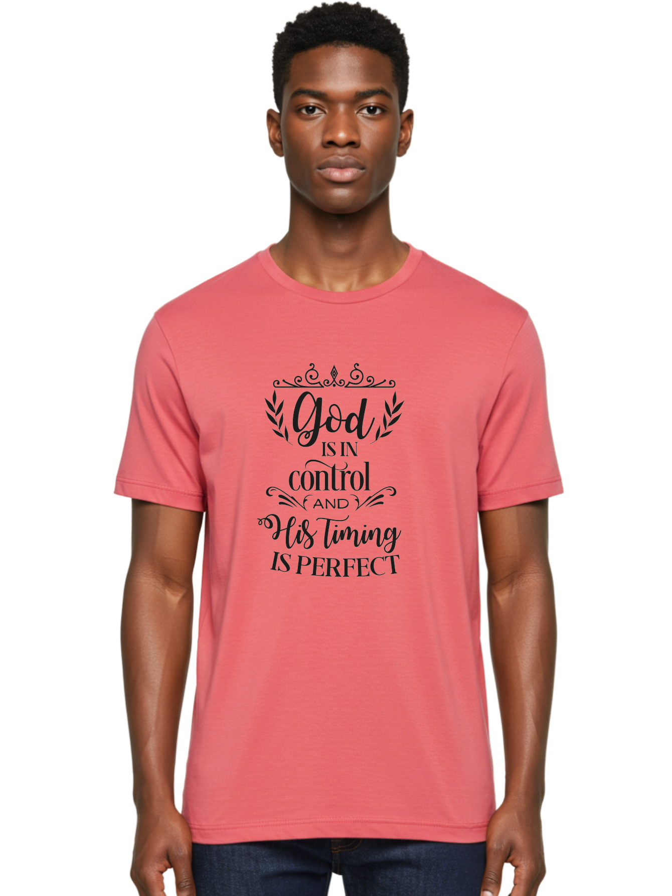 God-Is-In-Control-And-His-Timing-Is-Perfect Men'S Graphic Tee, 100% Cotton, Comfortable Casual Summer Wear, Machine Washable, Faith Quote, Inspirational Quote, Motivational Quote, Religious Quote, God Is In Control, His Timing Is Perfect, Aac764 4