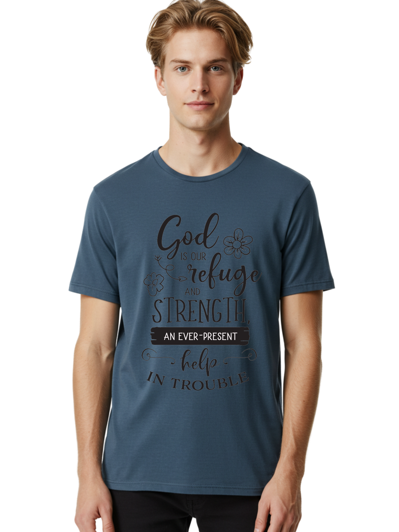 God-Is-Our-Refuge Men'S Graphic Tee, 100% Cotton, Comfortable Casual Summer Wear, Machine Washable, Inspirational Quote, Bible Verse, Motivational Words, Faith And Spirituality, Trust In God, Strength In Trouble, Refuge And Help, Aac765 18