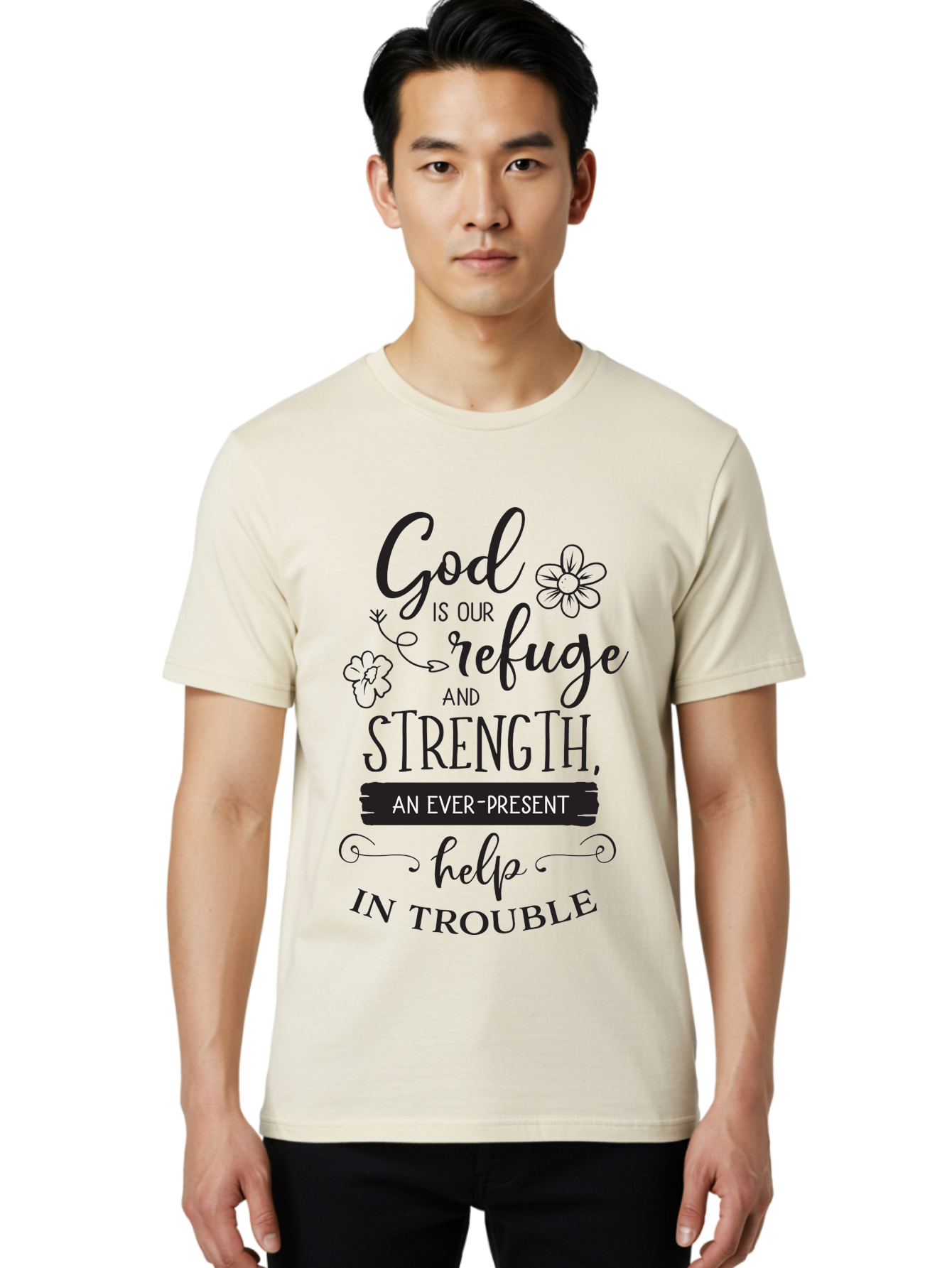 God-Is-Our-Refuge Men'S Graphic Tee, 100% Cotton, Comfortable Casual Summer Wear, Machine Washable, Inspirational Quote, Bible Verse, Motivational Words, Faith And Spirituality, Trust In God, Strength In Trouble, Refuge And Help, Aac765
