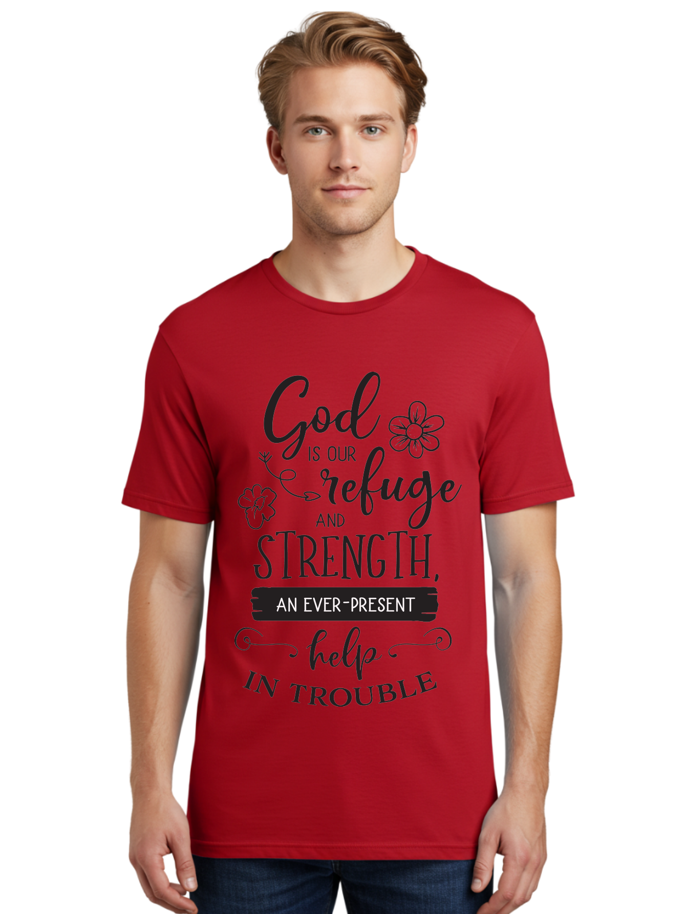 God-Is-Our-Refuge Men'S Graphic Tee, 100% Cotton, Comfortable Casual Summer Wear, Machine Washable, Inspirational Quote, Bible Verse, Motivational Words, Faith And Spirituality, Trust In God, Strength In Trouble, Refuge And Help, Aac765 26