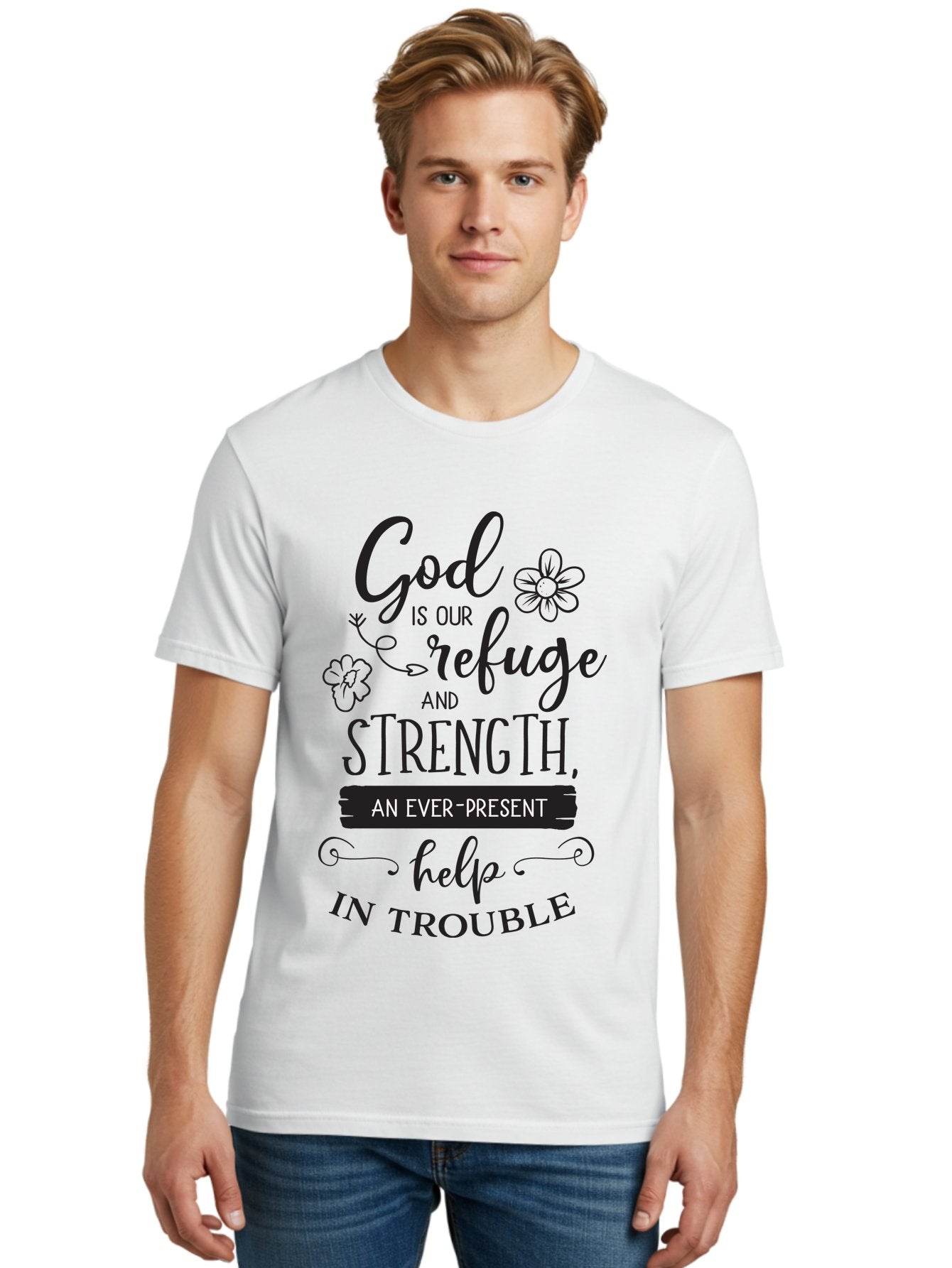 God-Is-Our-Refuge Men'S Graphic Tee, 100% Cotton, Comfortable Casual Summer Wear, Machine Washable, Inspirational Quote, Bible Verse, Motivational Words, Faith And Spirituality, Trust In God, Strength In Trouble, Refuge And Help, Aac765 21
