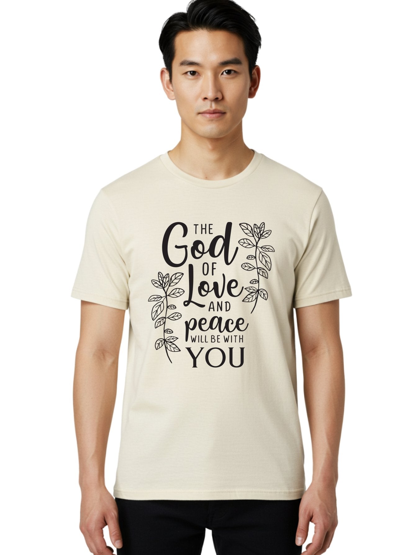 God-Of-Love-And-Peace Men'S Graphic Tee, 100% Cotton, Comfortable Casual Summer Wear, Machine Washable, Inspirational Quote, God Of Love And Peace, Uplifting Message, Positive Affirmation, Leafy Design, Black Typography, Spiritual Words, Aac766 20