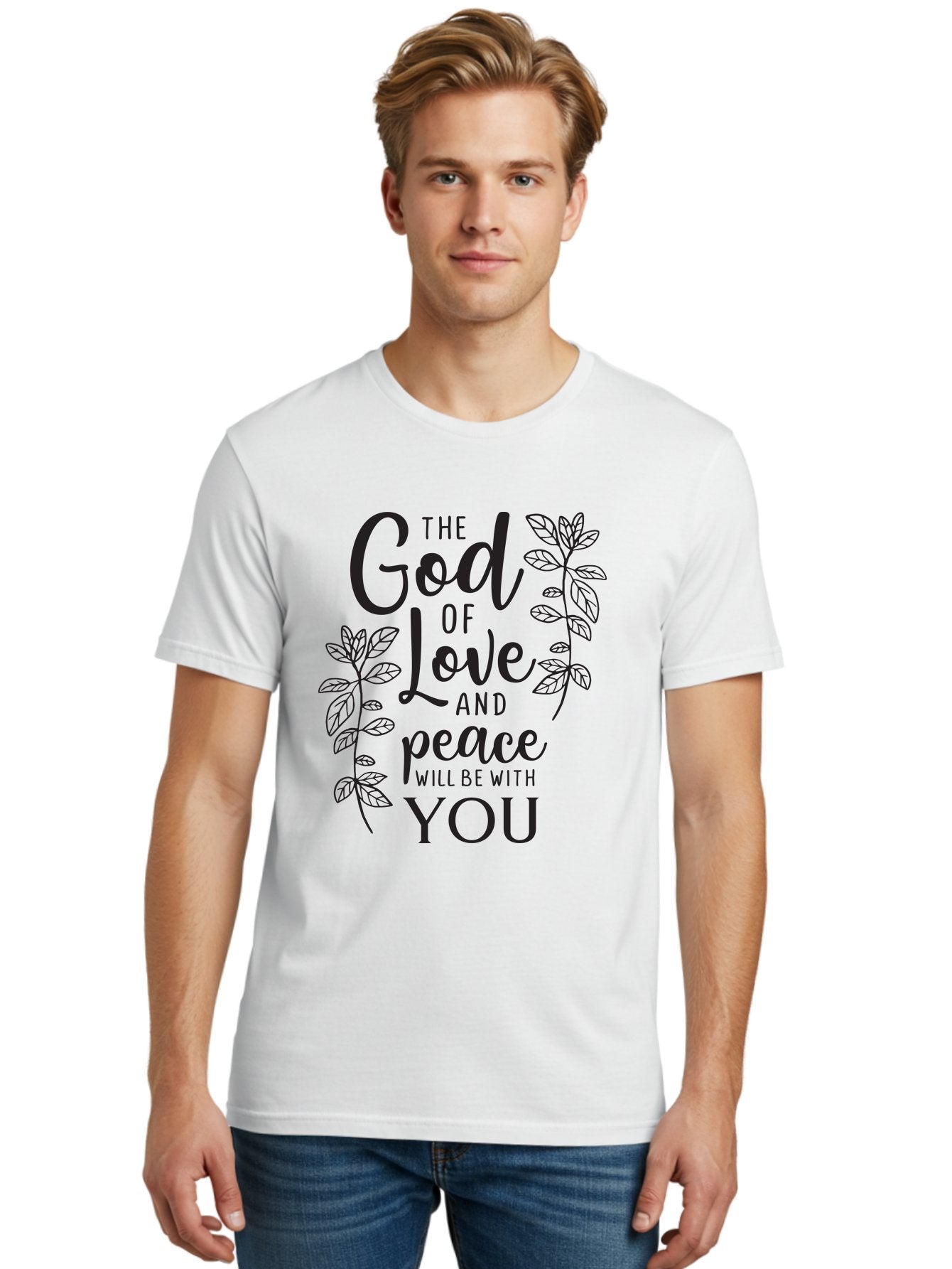 God-Of-Love-And-Peace Men'S Graphic Tee, 100% Cotton, Comfortable Casual Summer Wear, Machine Washable, Inspirational Quote, God Of Love And Peace, Uplifting Message, Positive Affirmation, Leafy Design, Black Typography, Spiritual Words, Aac766 19