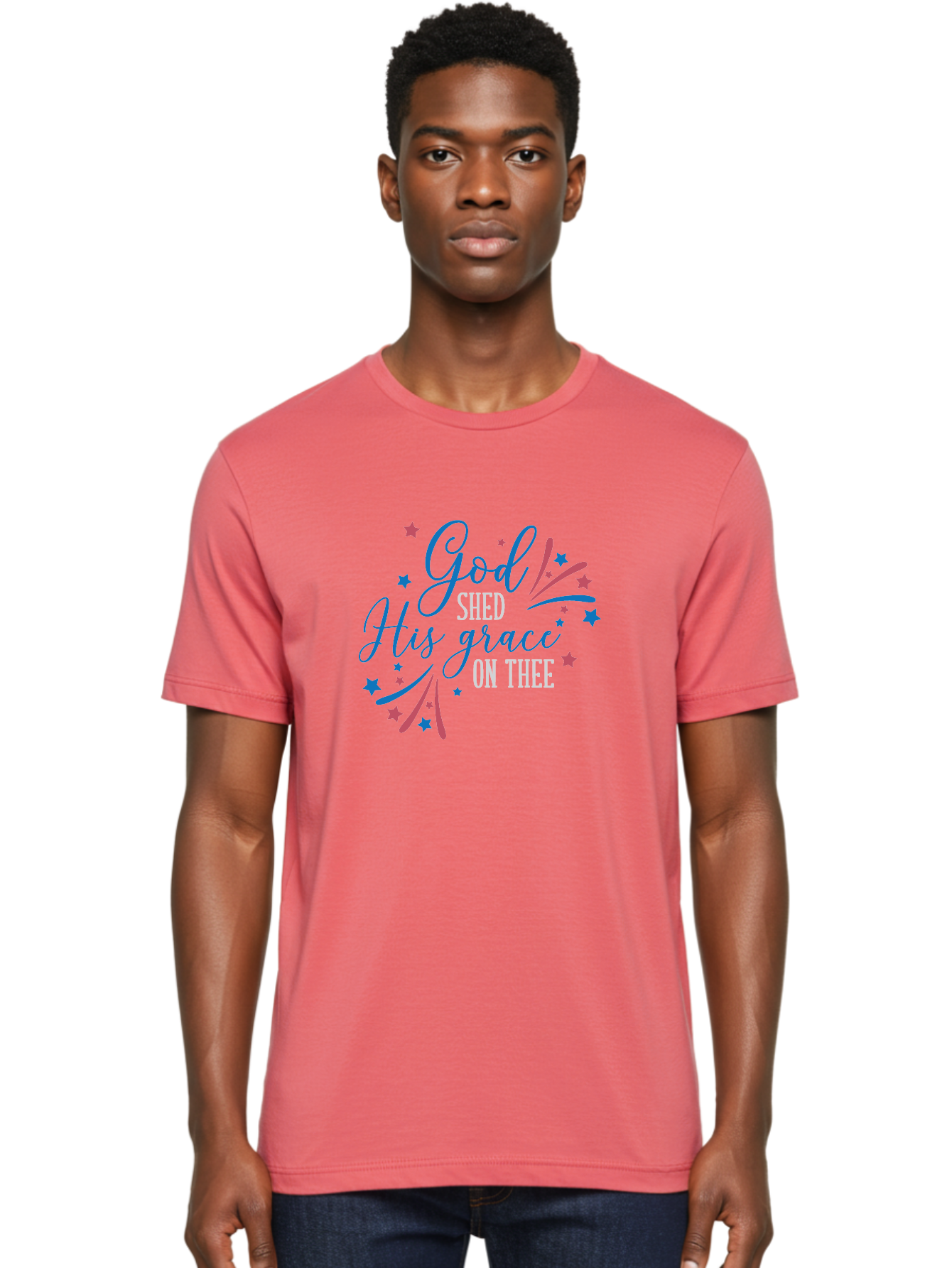 God-Shed-His-Grace-On-Thee Men'S Graphic Tee, 100% Cotton, Comfortable Casual Summer Wear, Machine Washable, Inspirational Quote, Faith-Based Design, Scripture Art, Devotional Graphics, Motivational Words, Christian Decor, Blue And Pink Stars, Aac768 14