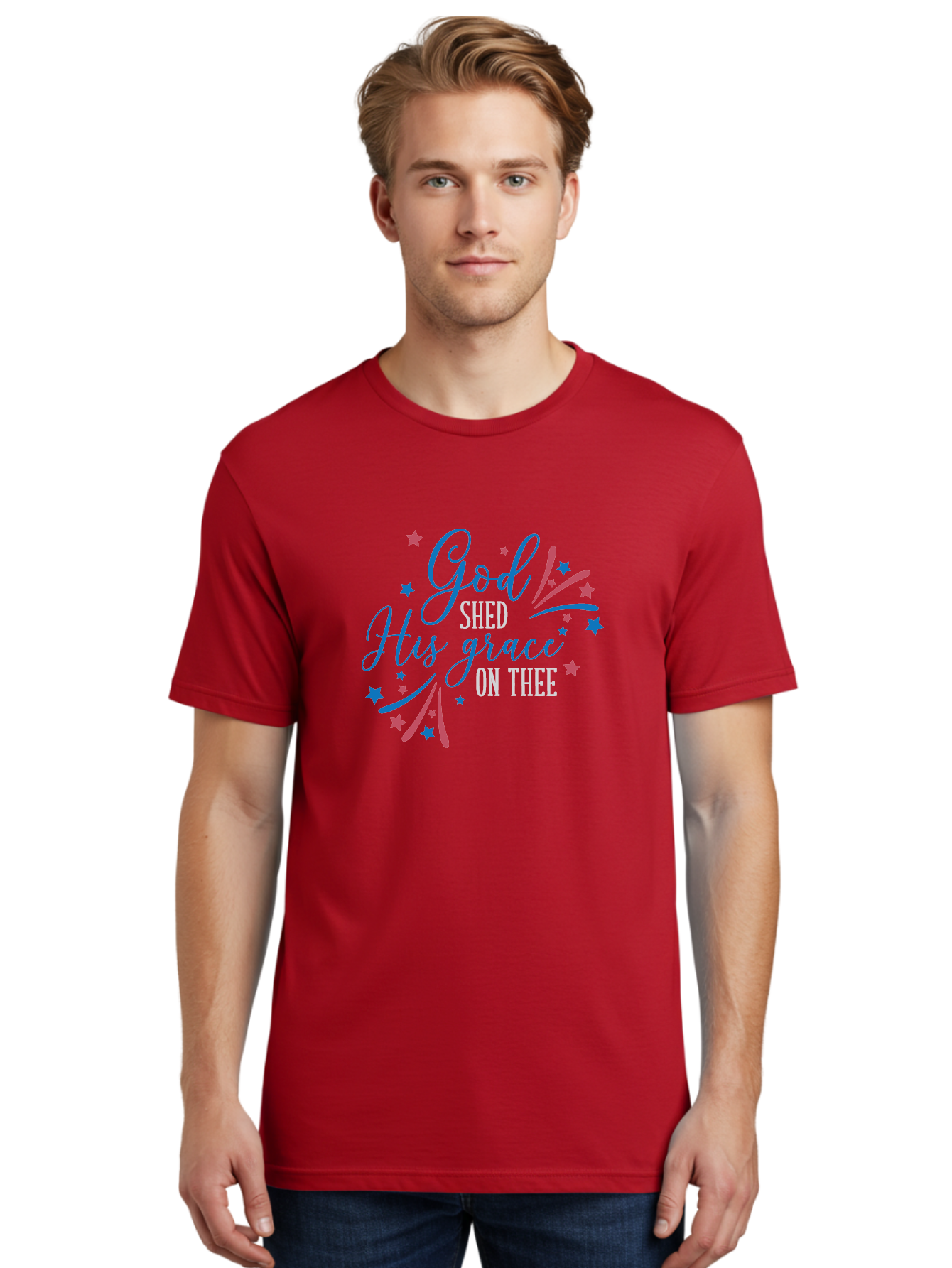 God-Shed-His-Grace-On-Thee Men'S Graphic Tee, 100% Cotton, Comfortable Casual Summer Wear, Machine Washable, Inspirational Quote, Faith-Based Design, Scripture Art, Devotional Graphics, Motivational Words, Christian Decor, Blue And Pink Stars, Aac768 8