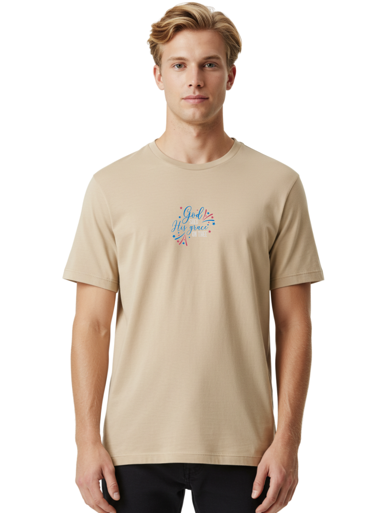 God-Shed-His-Grace-On-Thee Men'S Graphic Tee, 100% Cotton, Comfortable Casual Summer Wear, Machine Washable, Inspirational Quote, Faith-Based Design, Scripture Art, Devotional Graphics, Motivational Words, Christian Decor, Blue And Pink Stars, Aac768 26