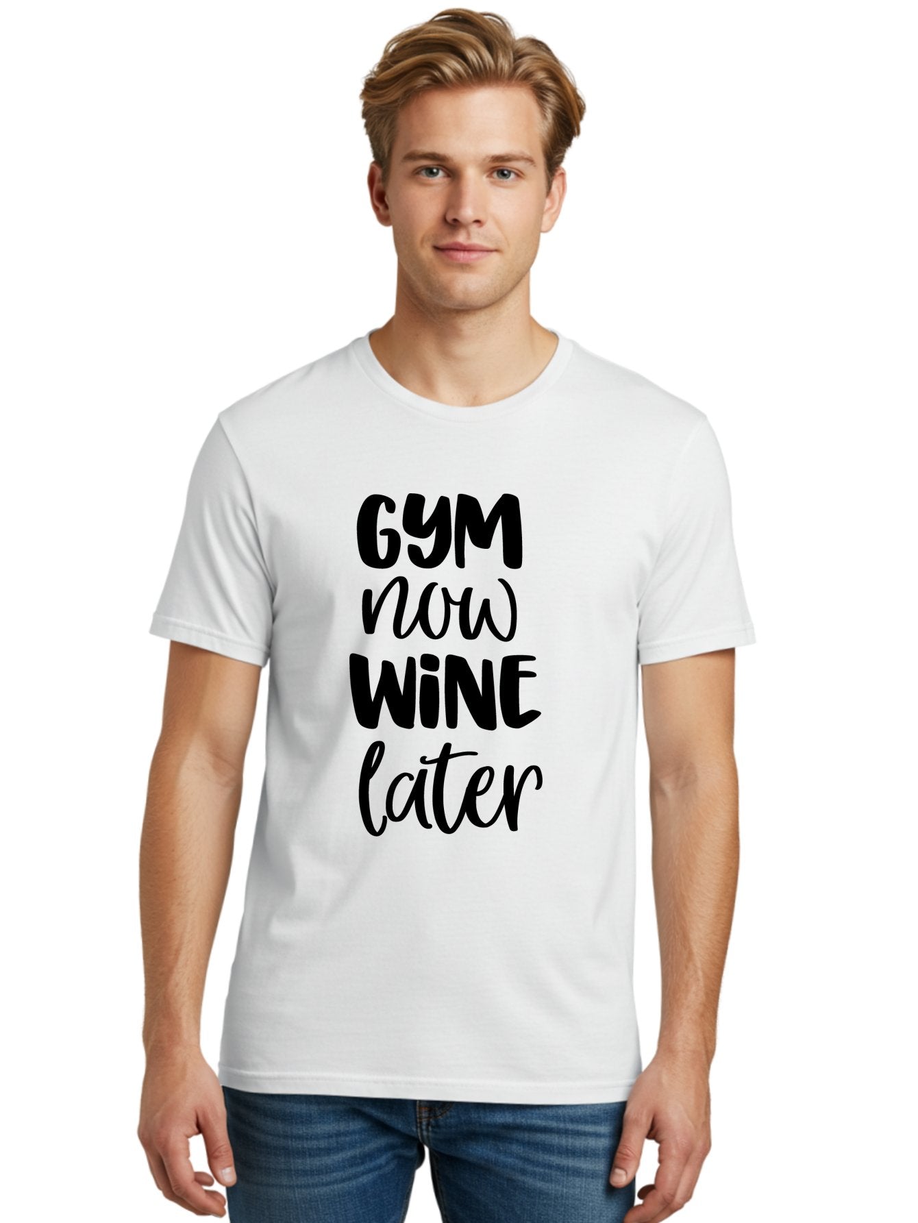 Gym-Now-Wine-Later-1 Men'S Graphic Tee, 100% Cotton, Comfortable Casual Summer Wear, Machine Washable, Gym Motivation, Fitness Quotes, Wine Lover, Fitness Humor, Workout Inspiration, Funny Sayings, Wine Time, Gym Now Wine Later Aac783 25
