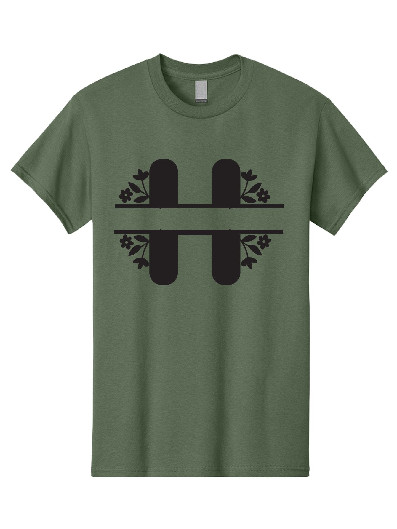 H-Symbol Men'S Graphic Tee, 100% Cotton, Comfortable Casual Summer Wear, Machine Washable, Stylized Letter H, Floral Accents, Decorative Typography, Black And Green Color Scheme, Elegant Font, Leaves And Flowers Aac785 13