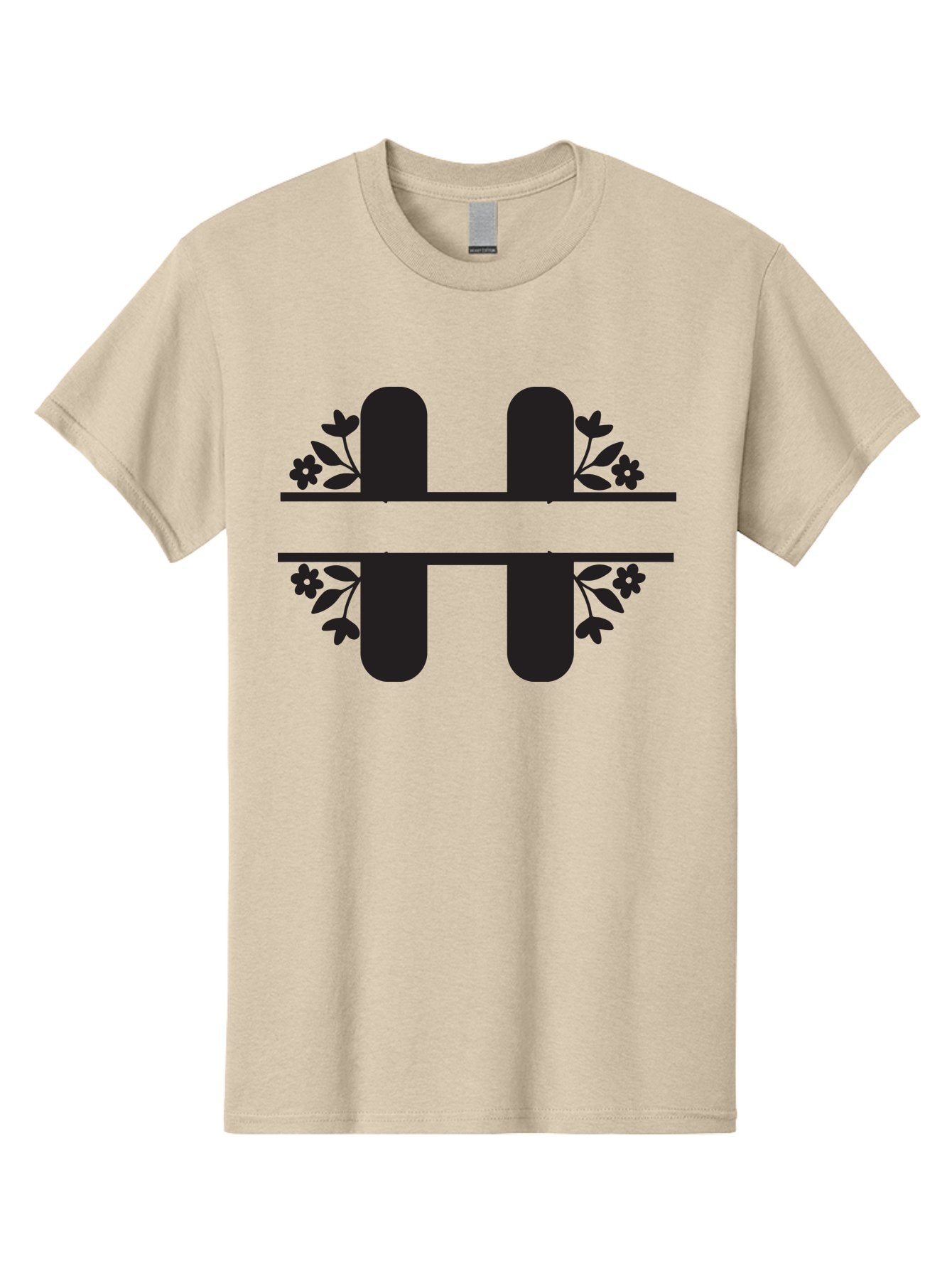 H-Symbol Men'S Graphic Tee, 100% Cotton, Comfortable Casual Summer Wear, Machine Washable, Stylized Letter H, Floral Accents, Decorative Typography, Black And Green Color Scheme, Elegant Font, Leaves And Flowers Aac785 7