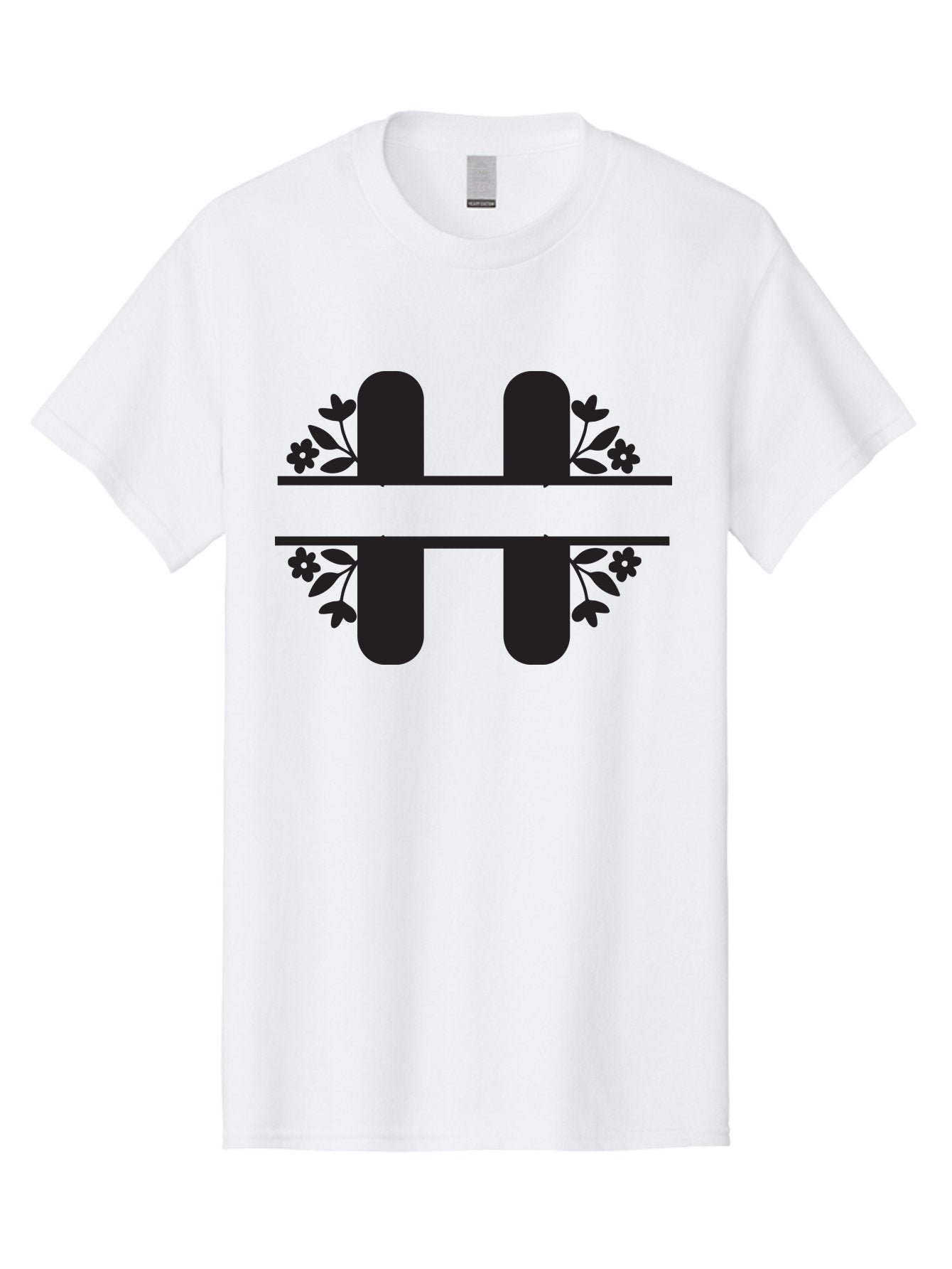 H-Symbol Men'S Graphic Tee, 100% Cotton, Comfortable Casual Summer Wear, Machine Washable, Stylized Letter H, Floral Accents, Decorative Typography, Black And Green Color Scheme, Elegant Font, Leaves And Flowers Aac785 11