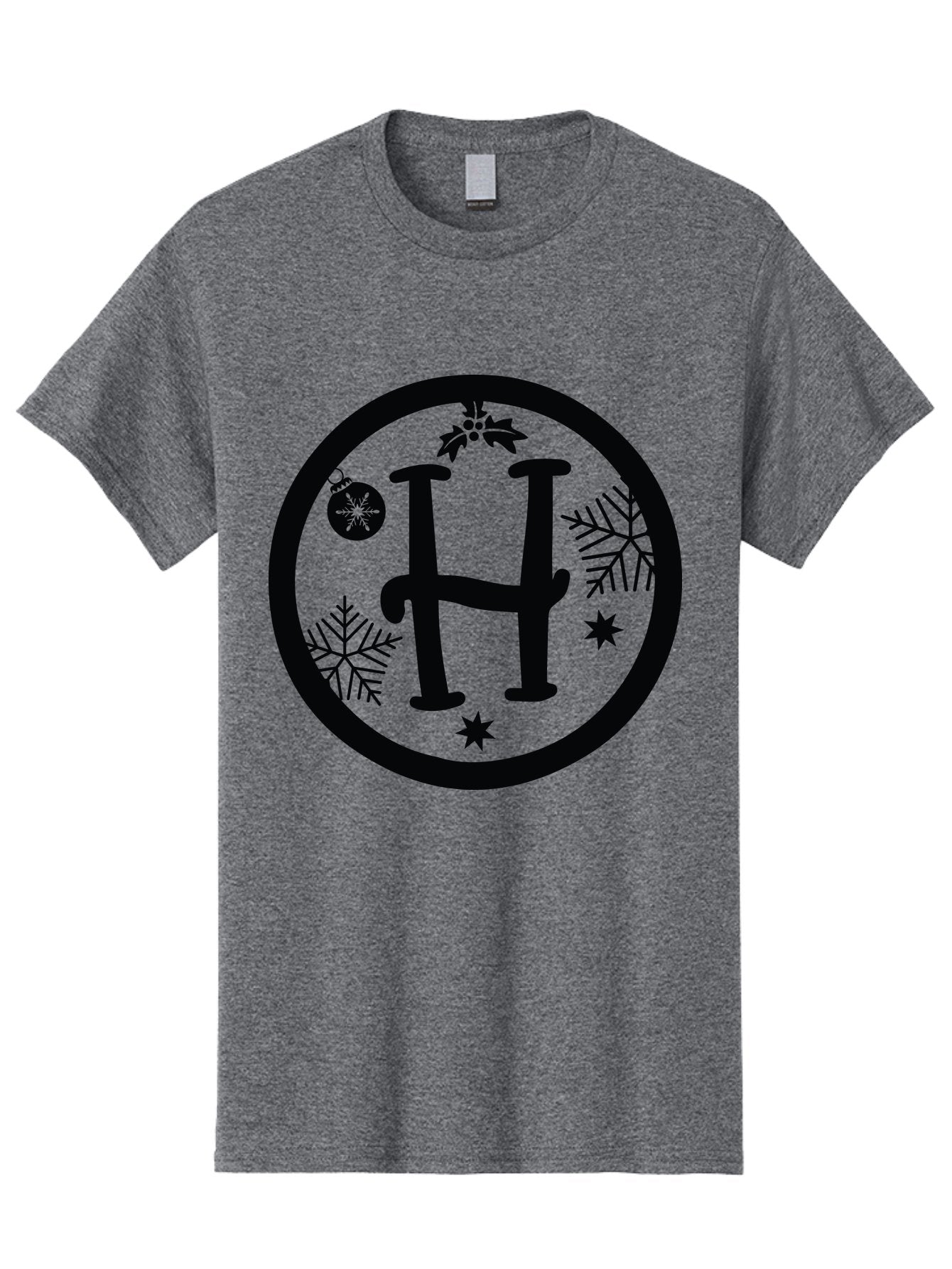 H Men'S Graphic Tee, 100% Cotton, Comfortable Casual Summer Wear, Machine Washable, H Logo, Black Letter, Circular Frame, Snowflakes, Stars, Christmas Ornament, Winter Theme, Festive Design, Holiday Graphics, Decorative Elements Aac786