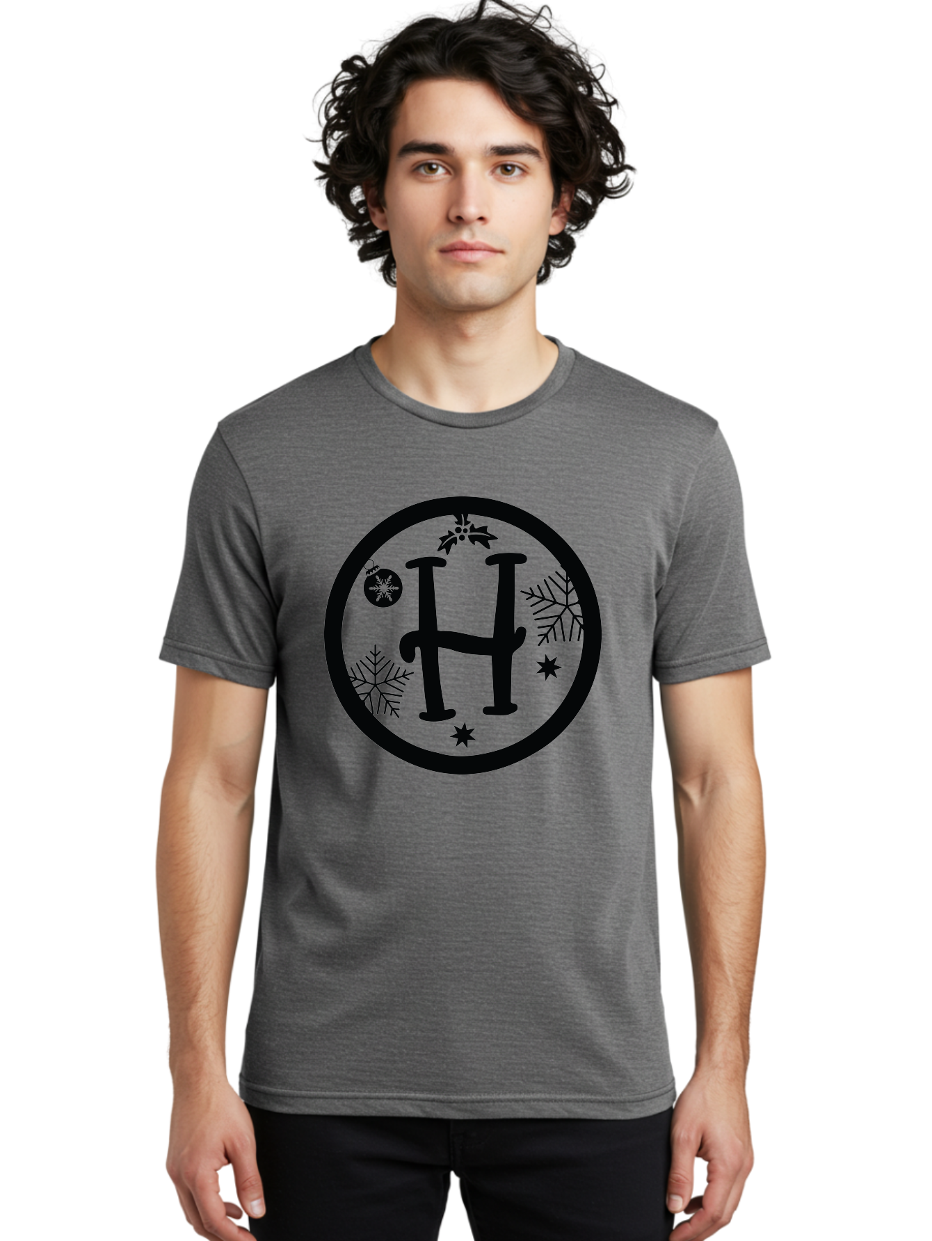 H Men'S Graphic Tee, 100% Cotton, Comfortable Casual Summer Wear, Machine Washable, H Logo, Black Letter, Circular Frame, Snowflakes, Stars, Christmas Ornament, Winter Theme, Festive Design, Holiday Graphics, Decorative Elements Aac786 22