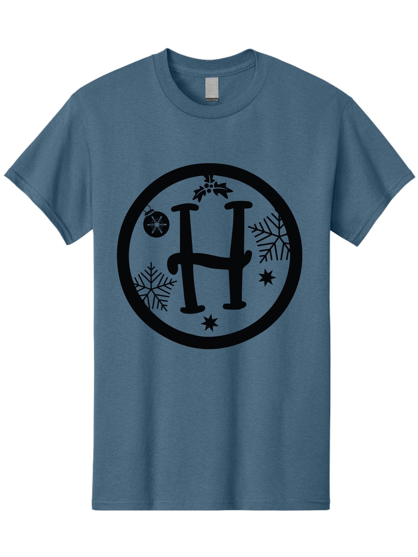 H Men'S Graphic Tee, 100% Cotton, Comfortable Casual Summer Wear, Machine Washable, H Logo, Black Letter, Circular Frame, Snowflakes, Stars, Christmas Ornament, Winter Theme, Festive Design, Holiday Graphics, Decorative Elements Aac786 3