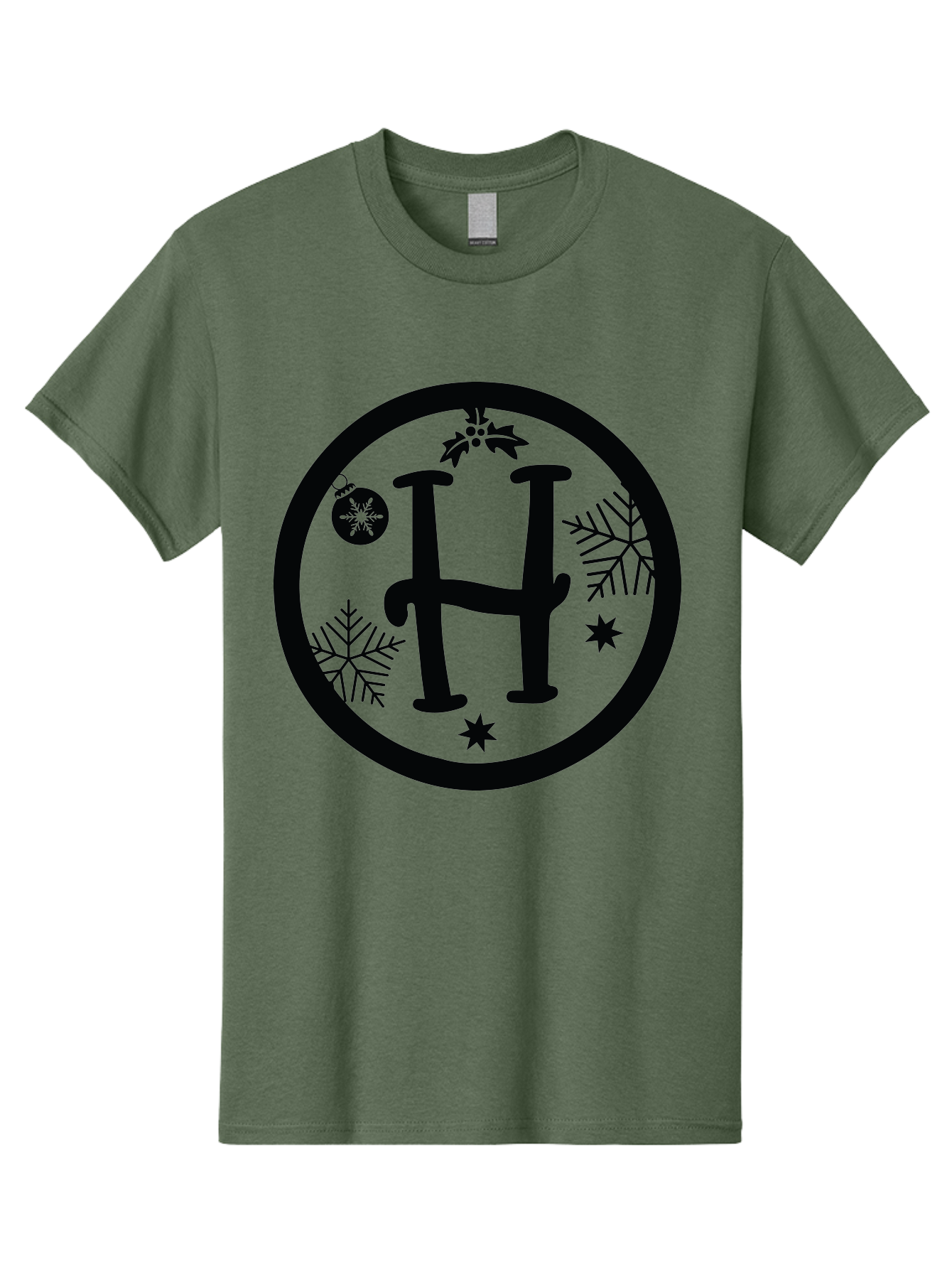 H Men'S Graphic Tee, 100% Cotton, Comfortable Casual Summer Wear, Machine Washable, H Logo, Black Letter, Circular Frame, Snowflakes, Stars, Christmas Ornament, Winter Theme, Festive Design, Holiday Graphics, Decorative Elements Aac786 25