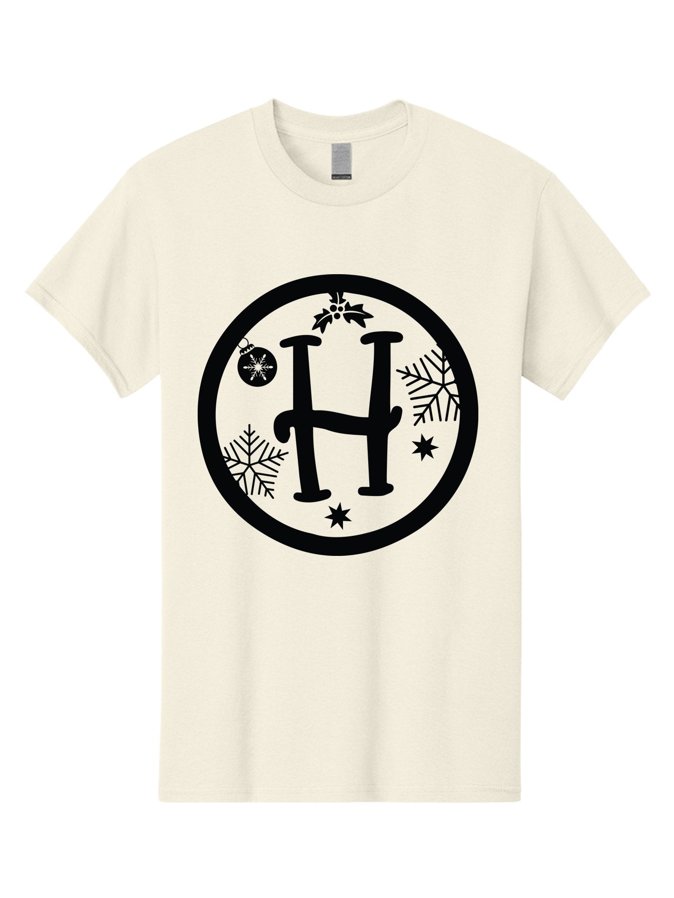 H Men'S Graphic Tee, 100% Cotton, Comfortable Casual Summer Wear, Machine Washable, H Logo, Black Letter, Circular Frame, Snowflakes, Stars, Christmas Ornament, Winter Theme, Festive Design, Holiday Graphics, Decorative Elements Aac786 4