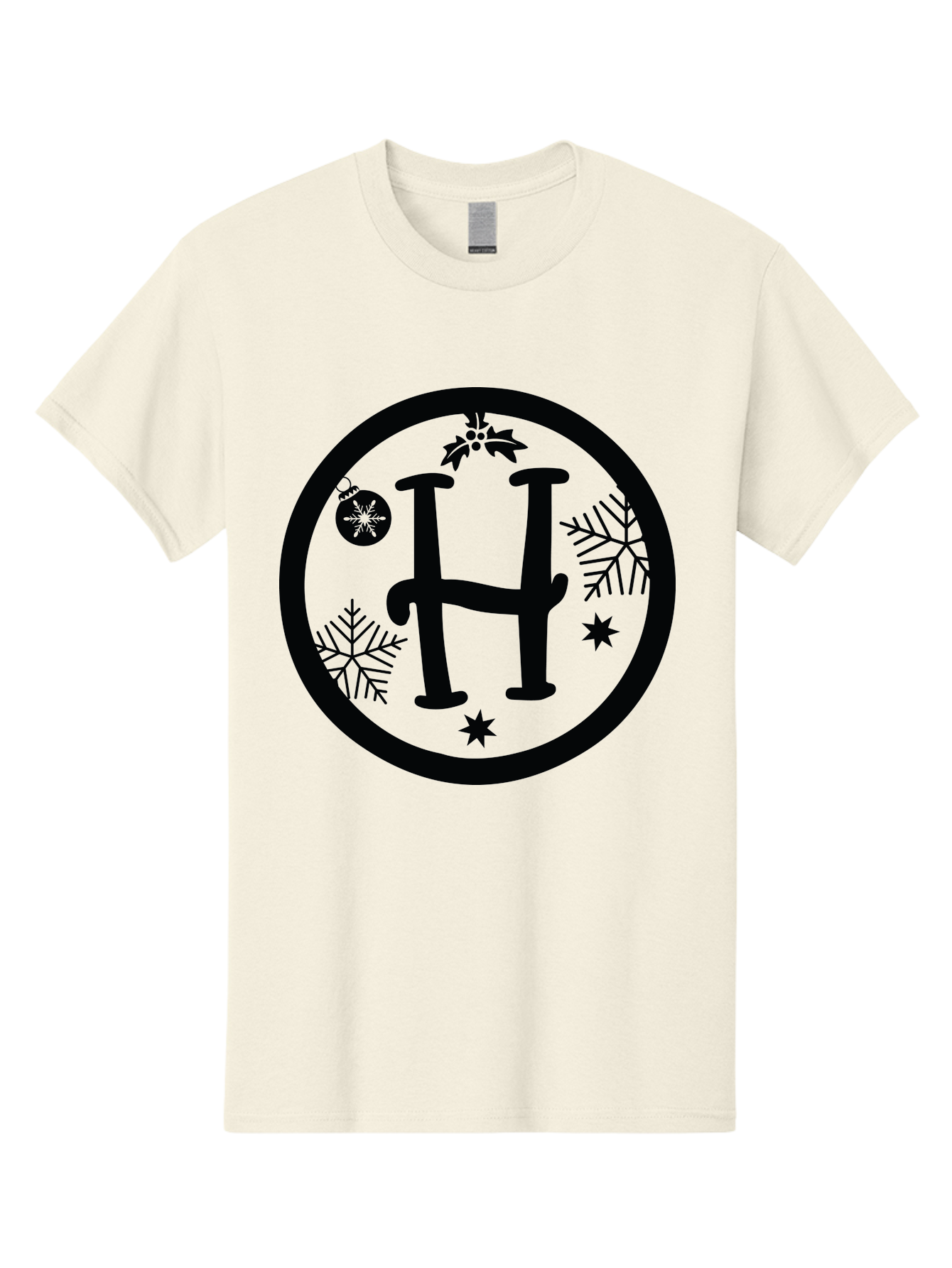 H Men'S Graphic Tee, 100% Cotton, Comfortable Casual Summer Wear, Machine Washable, H Logo, Black Letter, Circular Frame, Snowflakes, Stars, Christmas Ornament, Winter Theme, Festive Design, Holiday Graphics, Decorative Elements Aac786 23