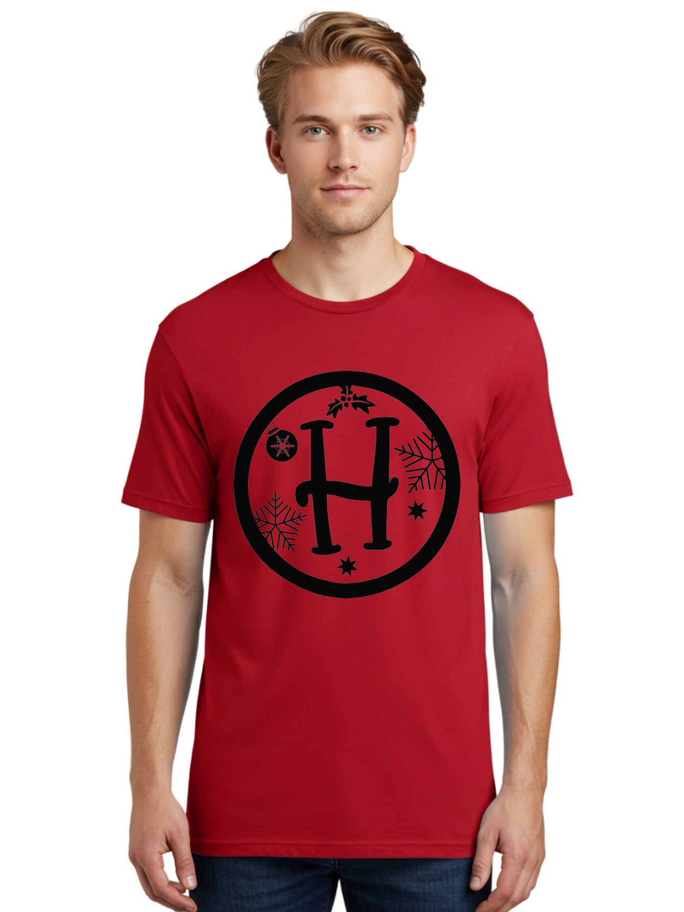 H Men'S Graphic Tee, 100% Cotton, Comfortable Casual Summer Wear, Machine Washable, H Logo, Black Letter, Circular Frame, Snowflakes, Stars, Christmas Ornament, Winter Theme, Festive Design, Holiday Graphics, Decorative Elements Aac786 14