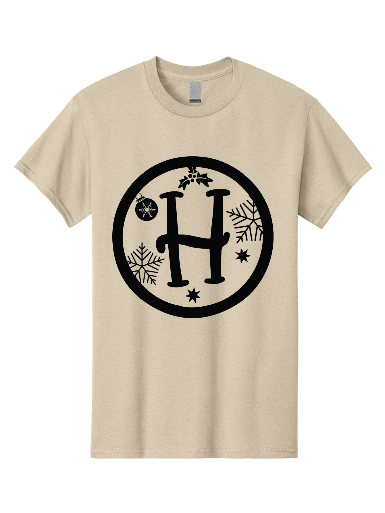 H Men'S Graphic Tee, 100% Cotton, Comfortable Casual Summer Wear, Machine Washable, H Logo, Black Letter, Circular Frame, Snowflakes, Stars, Christmas Ornament, Winter Theme, Festive Design, Holiday Graphics, Decorative Elements Aac786 11