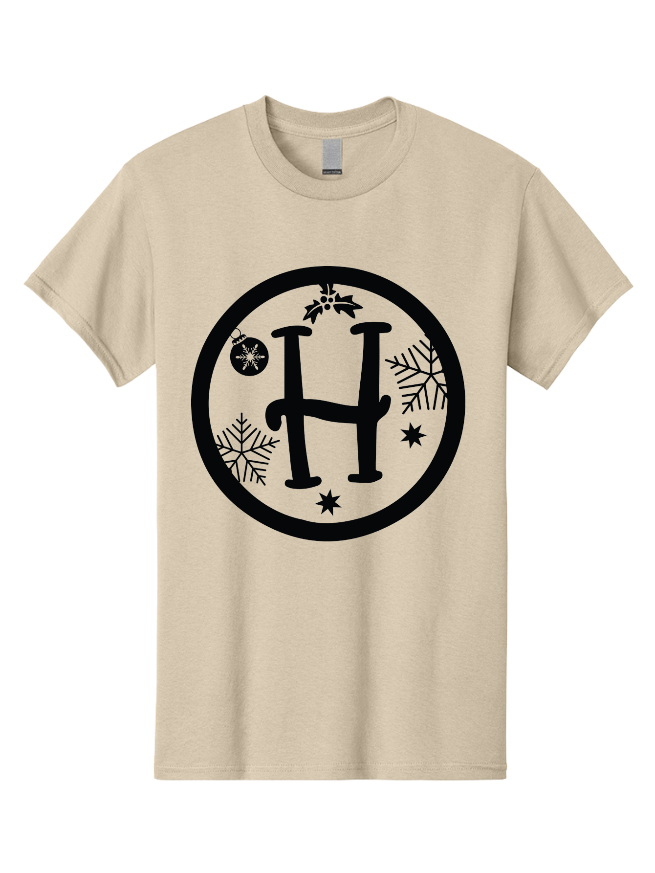 H Men'S Graphic Tee, 100% Cotton, Comfortable Casual Summer Wear, Machine Washable, H Logo, Black Letter, Circular Frame, Snowflakes, Stars, Christmas Ornament, Winter Theme, Festive Design, Holiday Graphics, Decorative Elements Aac786 7