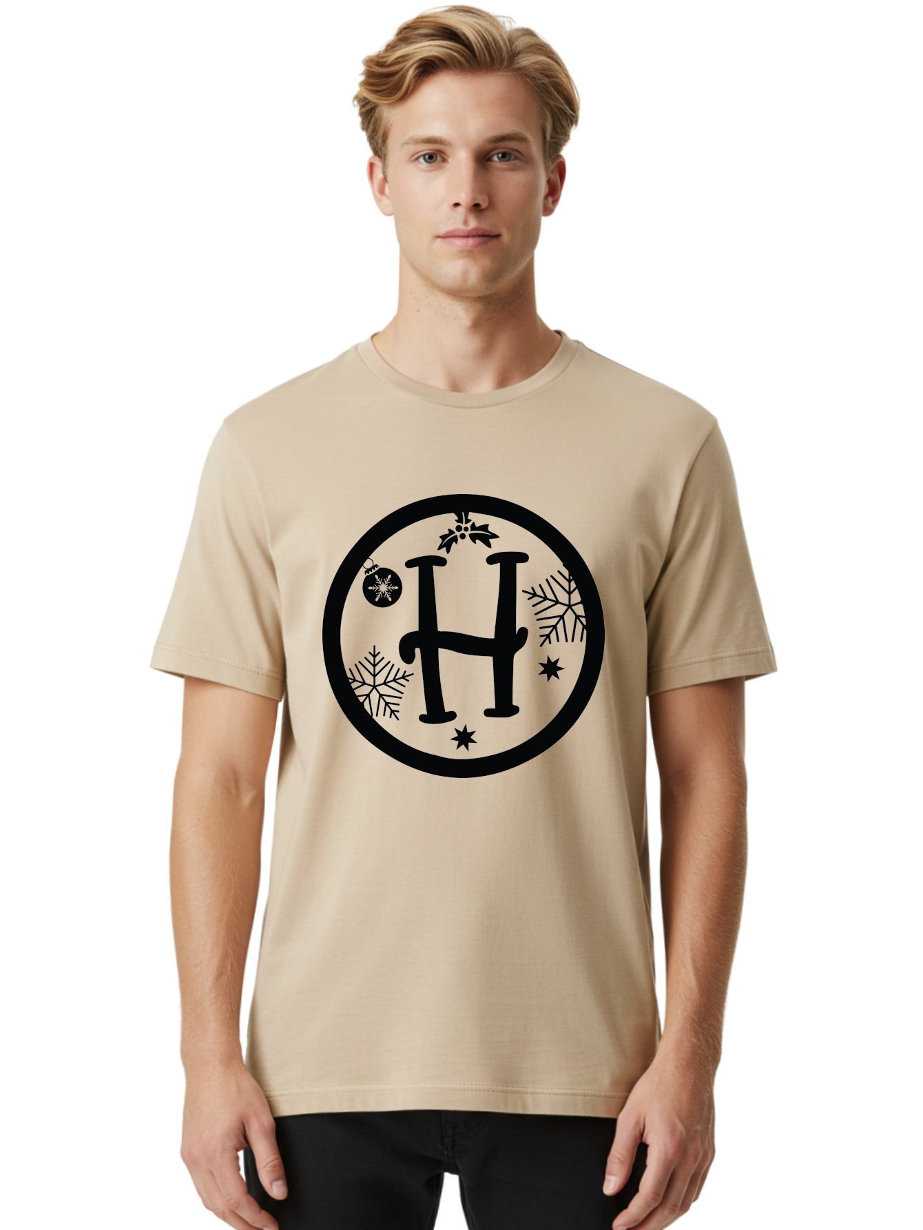 H Men'S Graphic Tee, 100% Cotton, Comfortable Casual Summer Wear, Machine Washable, H Logo, Black Letter, Circular Frame, Snowflakes, Stars, Christmas Ornament, Winter Theme, Festive Design, Holiday Graphics, Decorative Elements Aac786 8