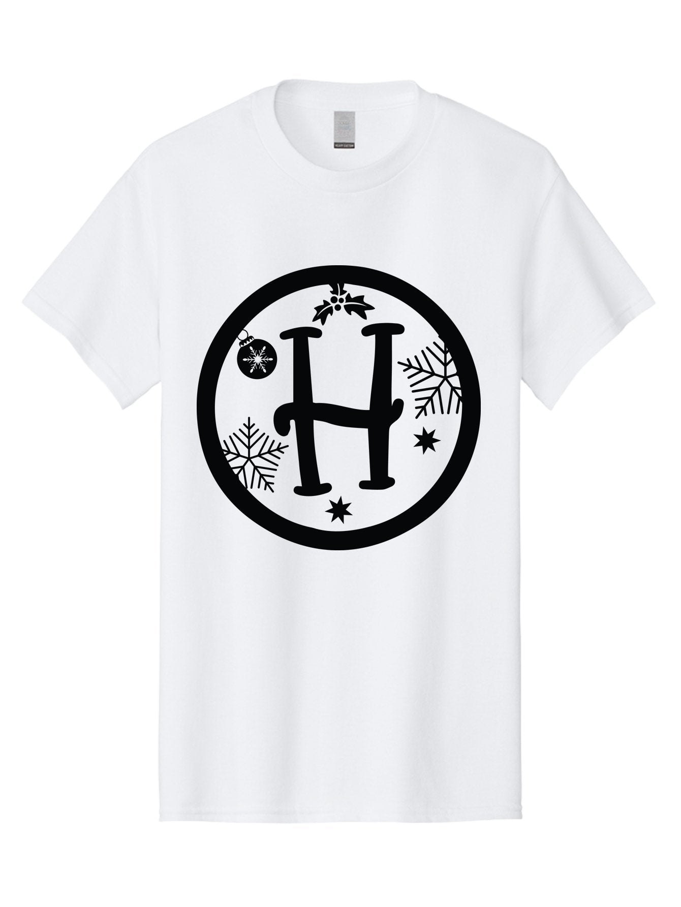H Men'S Graphic Tee, 100% Cotton, Comfortable Casual Summer Wear, Machine Washable, H Logo, Black Letter, Circular Frame, Snowflakes, Stars, Christmas Ornament, Winter Theme, Festive Design, Holiday Graphics, Decorative Elements Aac786