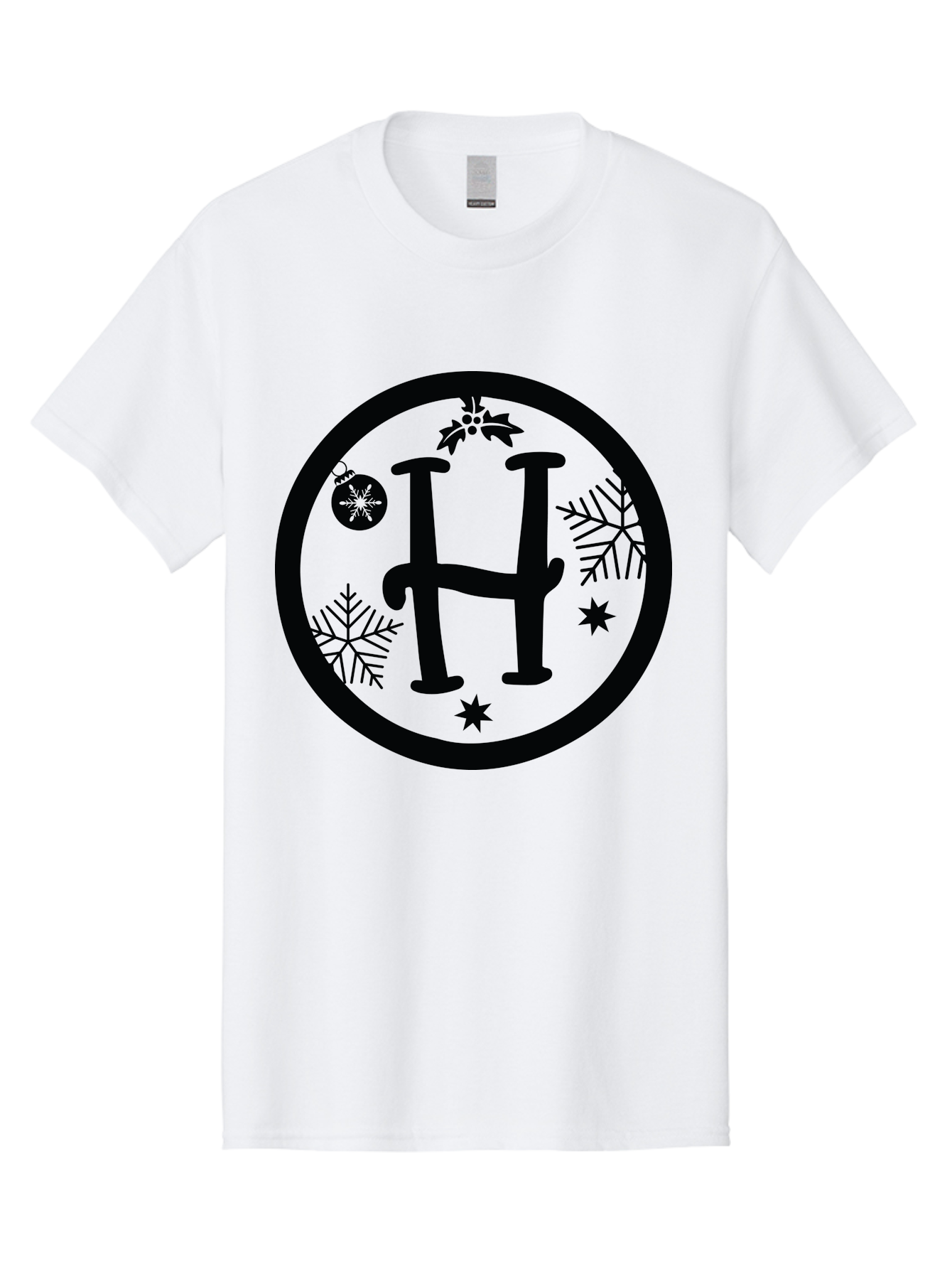 H Men'S Graphic Tee, 100% Cotton, Comfortable Casual Summer Wear, Machine Washable, H Logo, Black Letter, Circular Frame, Snowflakes, Stars, Christmas Ornament, Winter Theme, Festive Design, Holiday Graphics, Decorative Elements Aac786 19