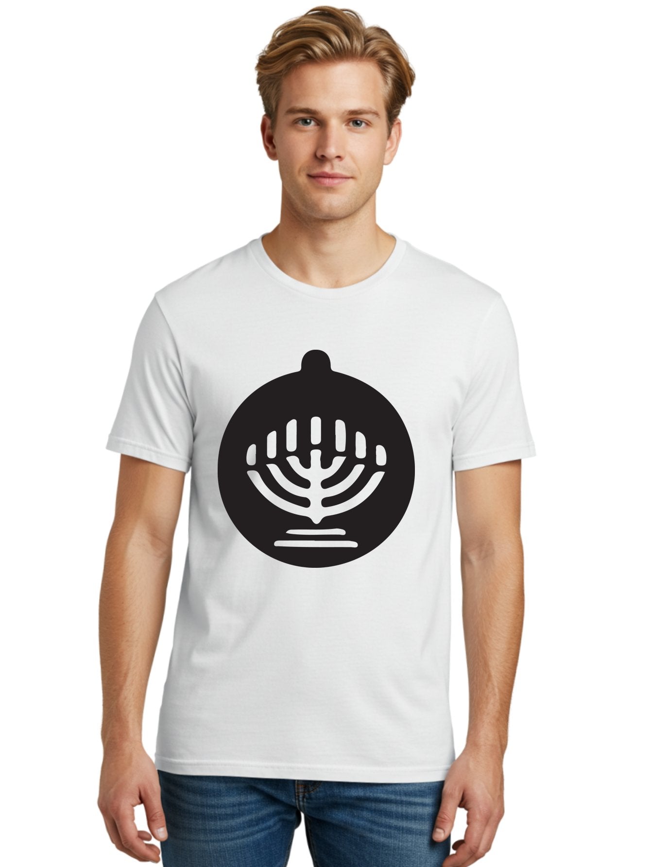 Hamsa-Menorah Men'S Graphic Tee, 100% Cotton, Comfortable Casual Summer Wear, Machine Washable, Hamsa And Menorah Symbol, Jewish Faith And Tradition, Protective Hamsa Hand, Seven-Branched Menorah, Faith And Spirituality, Cultural Heritage Aac789 25
