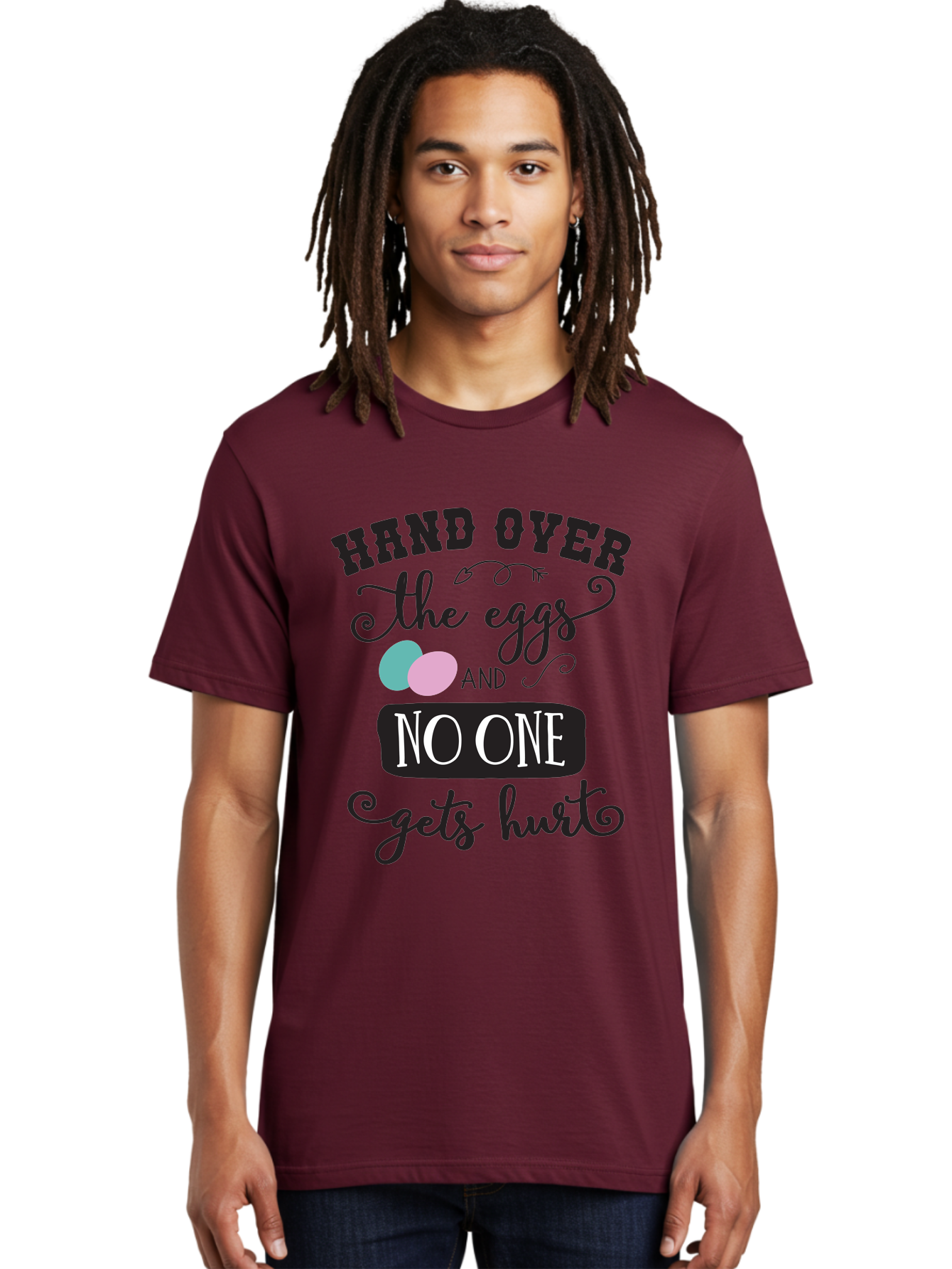 Hand-Over-The-Eggs Men'S Graphic Tee, 100% Cotton, Comfortable Casual Summer Wear, Machine Washable, Humorous Easter Quote, Funny Easter Eggs, Easter Egg Humor, Playful Easter Message, Hand Over The Eggs, No One Gets Hurt Aac790 20