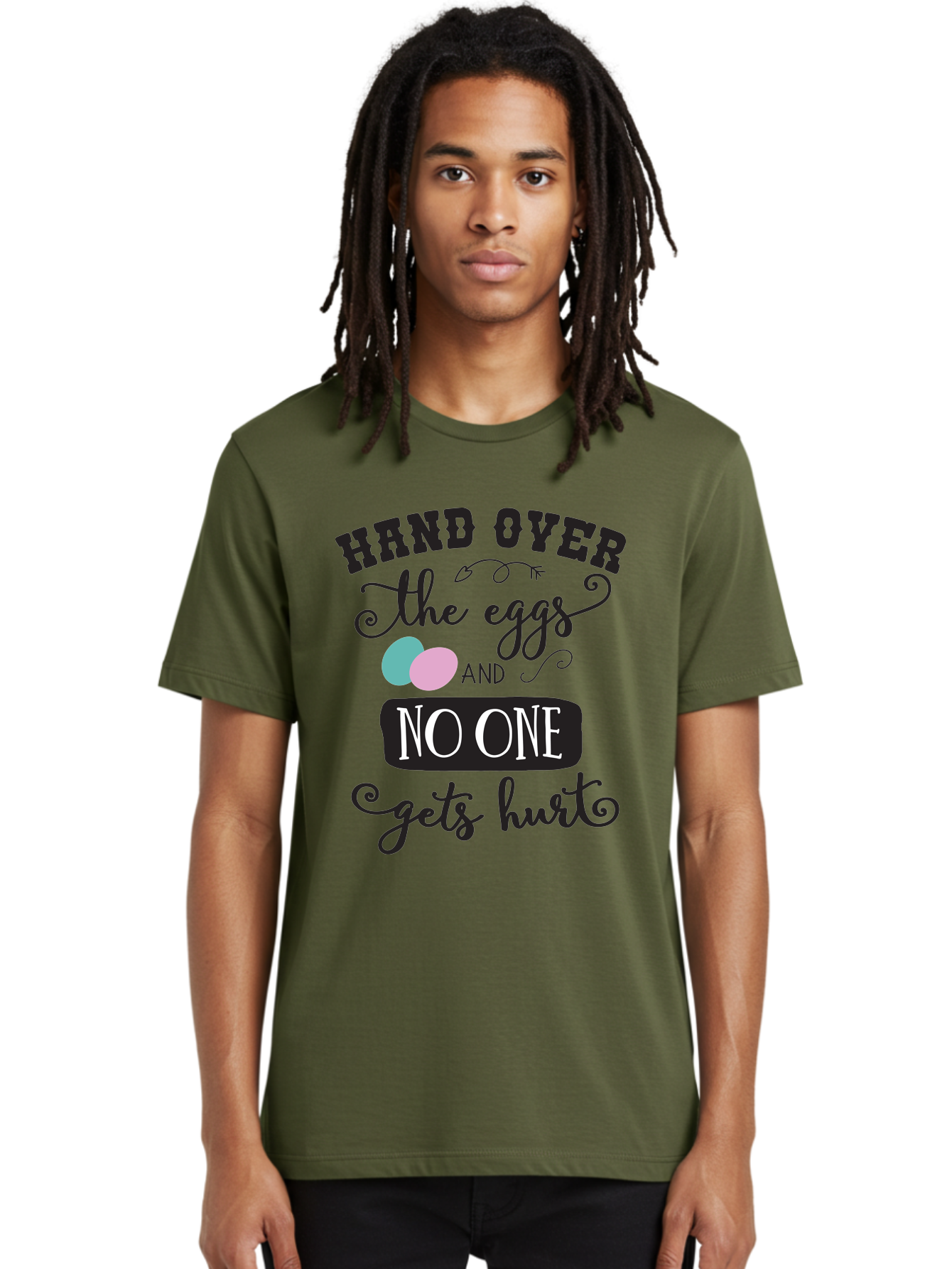 Hand-Over-The-Eggs Men'S Graphic Tee, 100% Cotton, Comfortable Casual Summer Wear, Machine Washable, Humorous Easter Quote, Funny Easter Eggs, Easter Egg Humor, Playful Easter Message, Hand Over The Eggs, No One Gets Hurt Aac790 24