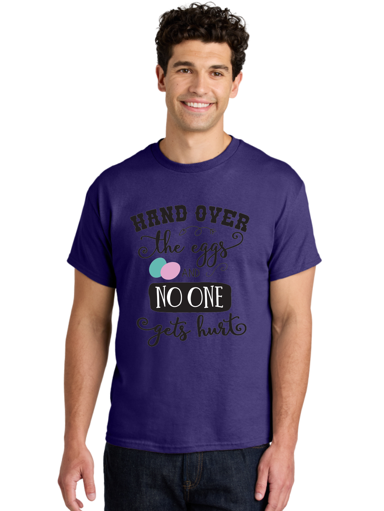 Hand-Over-The-Eggs Men'S Graphic Tee, 100% Cotton, Comfortable Casual Summer Wear, Machine Washable, Humorous Easter Quote, Funny Easter Eggs, Easter Egg Humor, Playful Easter Message, Hand Over The Eggs, No One Gets Hurt Aac790