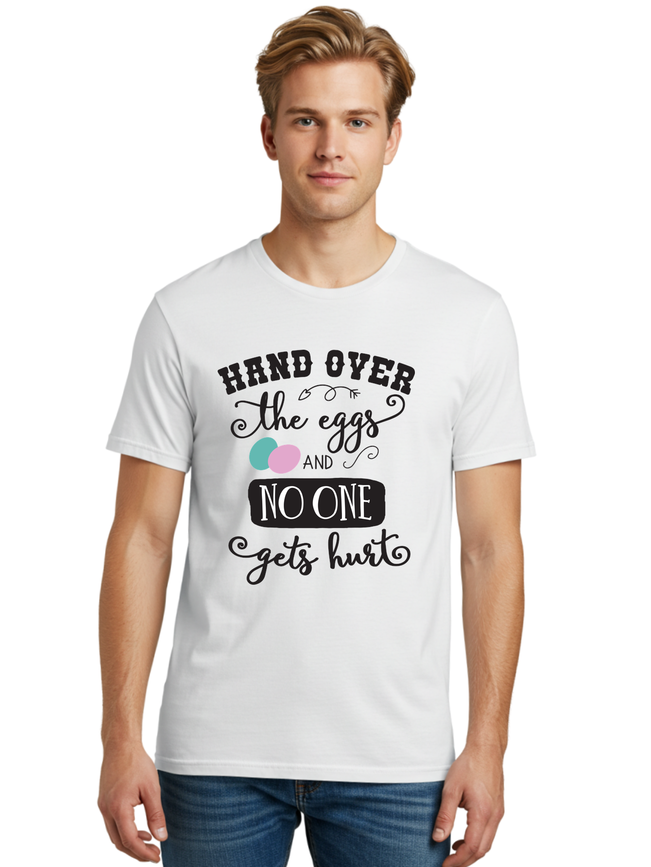 Hand-Over-The-Eggs Men'S Graphic Tee, 100% Cotton, Comfortable Casual Summer Wear, Machine Washable, Humorous Easter Quote, Funny Easter Eggs, Easter Egg Humor, Playful Easter Message, Hand Over The Eggs, No One Gets Hurt Aac790 16