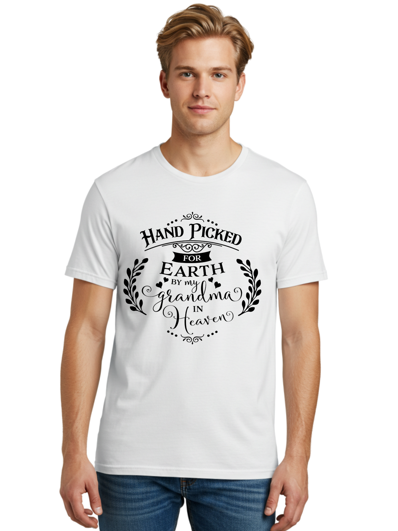 Hand-Picked-For-Earth-By-My-Grandma-In-Heaven Men'S Graphic Tee, 100% Cotton, Comfortable Casual Summer Wear, Machine Washable, Memorial Quote, Tribute To Grandma, Heavenly Love, Family Bond, Inspirational Phrase, Sympathy Gift, Aac791 8