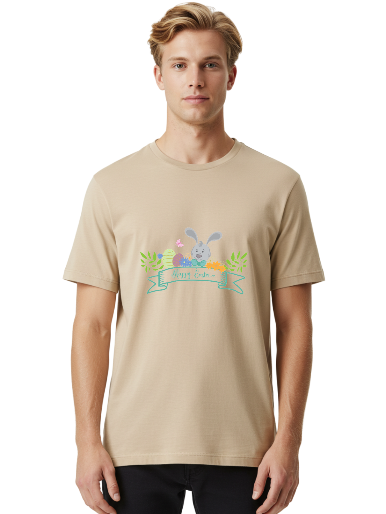 Happy-Easter-1 Men'S Graphic Tee, 100% Cotton, Comfortable Casual Summer Wear, Machine Washable, Easter Bunny, Easter Eggs, Decorated Eggs, Spring Flowers, Festive Atmosphere, Pastel Colors, Cartoon Style, Easter Greeting, Joyful Celebration, Aac795 26