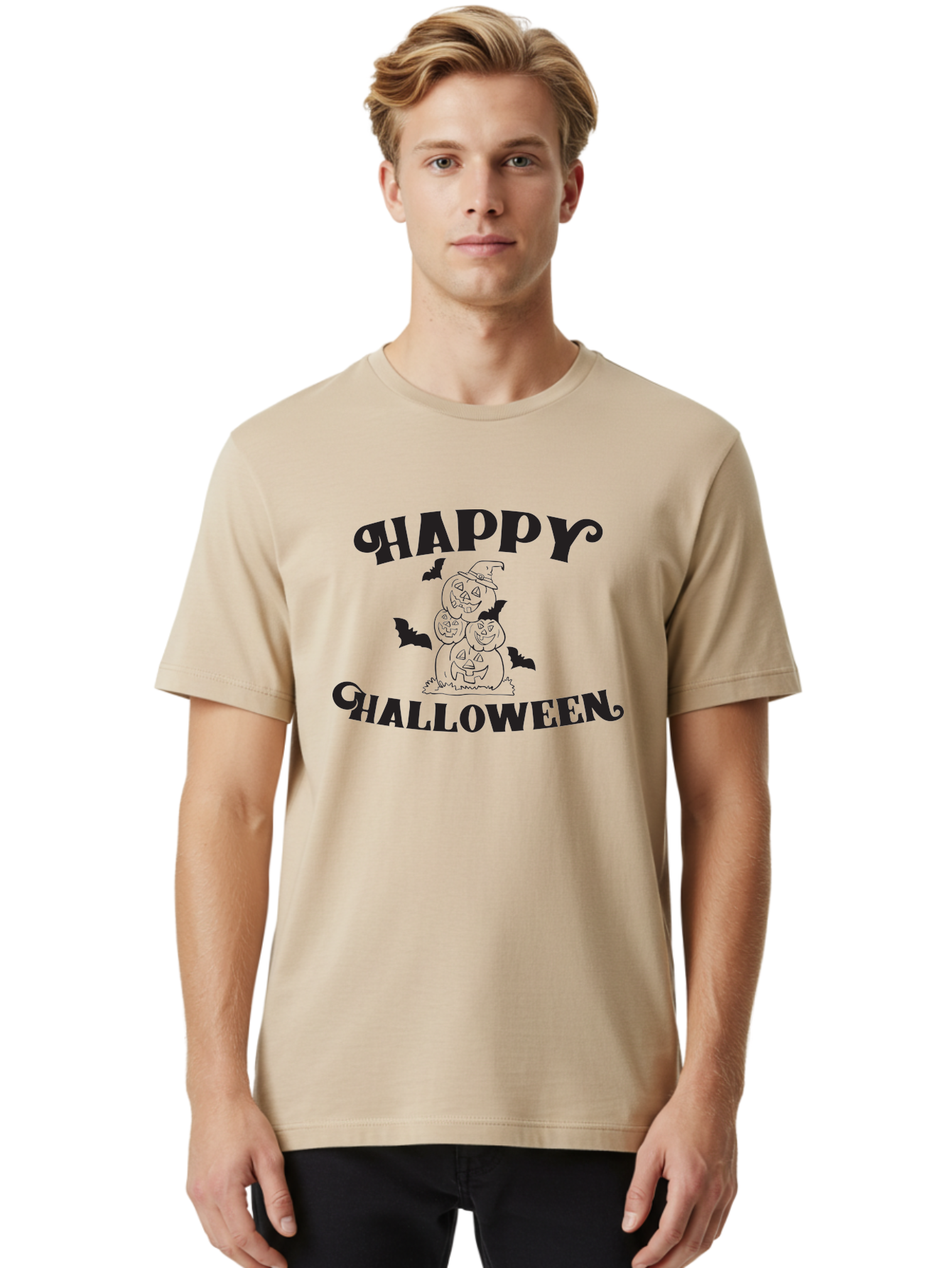 Happy-Halloween Men'S Graphic Tee, 100% Cotton, Comfortable Casual Summer Wear, Machine Washable, Halloween Pumpkins, Jack O' Lanterns, Spooky Bats, Pumpkin Stack, Witch Hat, Halloween Graphics, Halloween Illustrations, Seasonal Design, Aac797 18