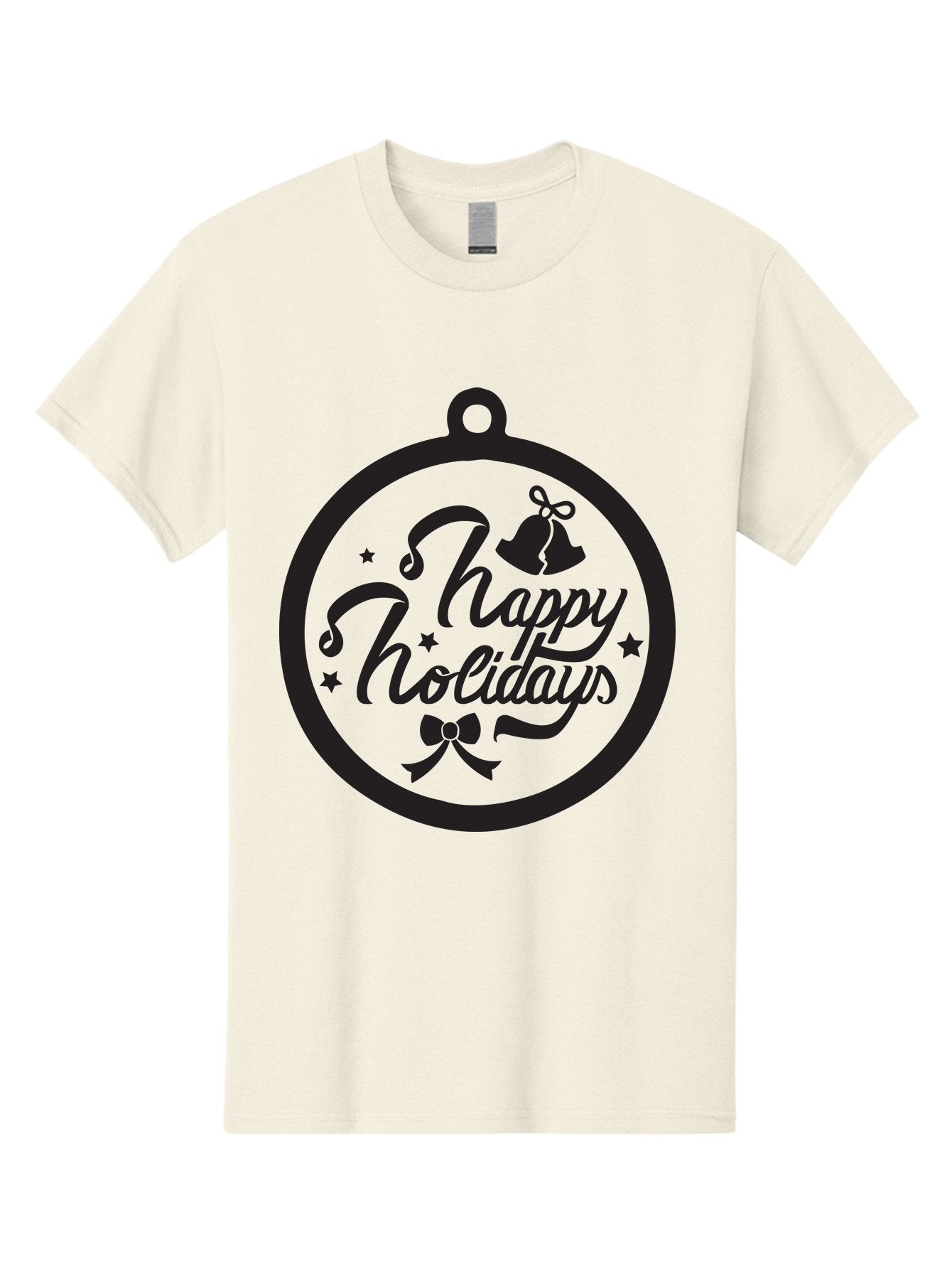 Happy-Holidays Men'S Graphic Tee, 100% Cotton, Comfortable Casual Summer Wear, Machine Washable, Happy Holidays, Christmas Ornament, Holiday Greeting, Festive Decoration, Black Silhouette, Bells And Bow, Stars, Holiday Cheer, Christmas Gift, Aac798