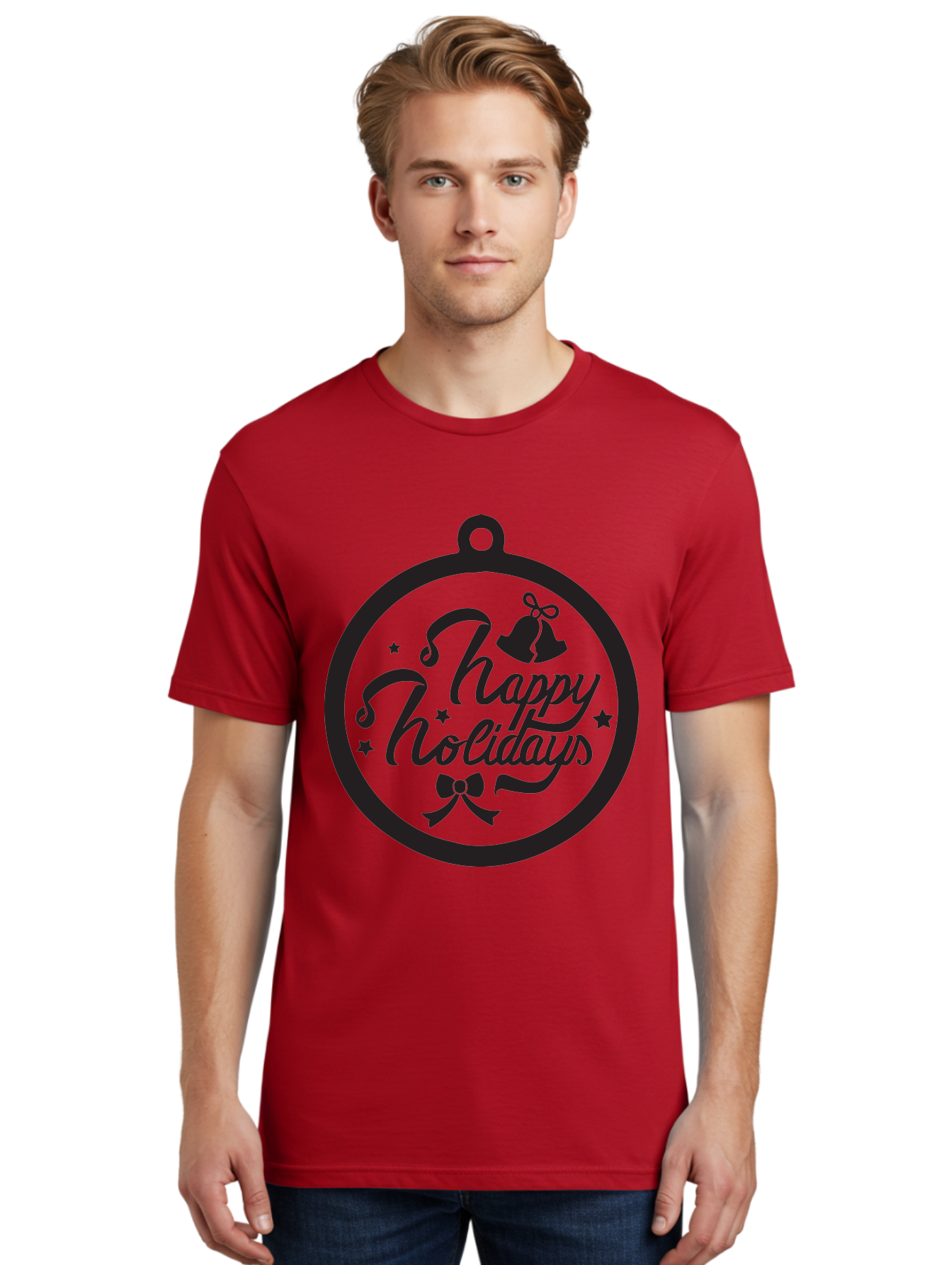 Happy-Holidays Men'S Graphic Tee, 100% Cotton, Comfortable Casual Summer Wear, Machine Washable, Happy Holidays, Christmas Ornament, Holiday Greeting, Festive Decoration, Black Silhouette, Bells And Bow, Stars, Holiday Cheer, Christmas Gift, Aac798 16