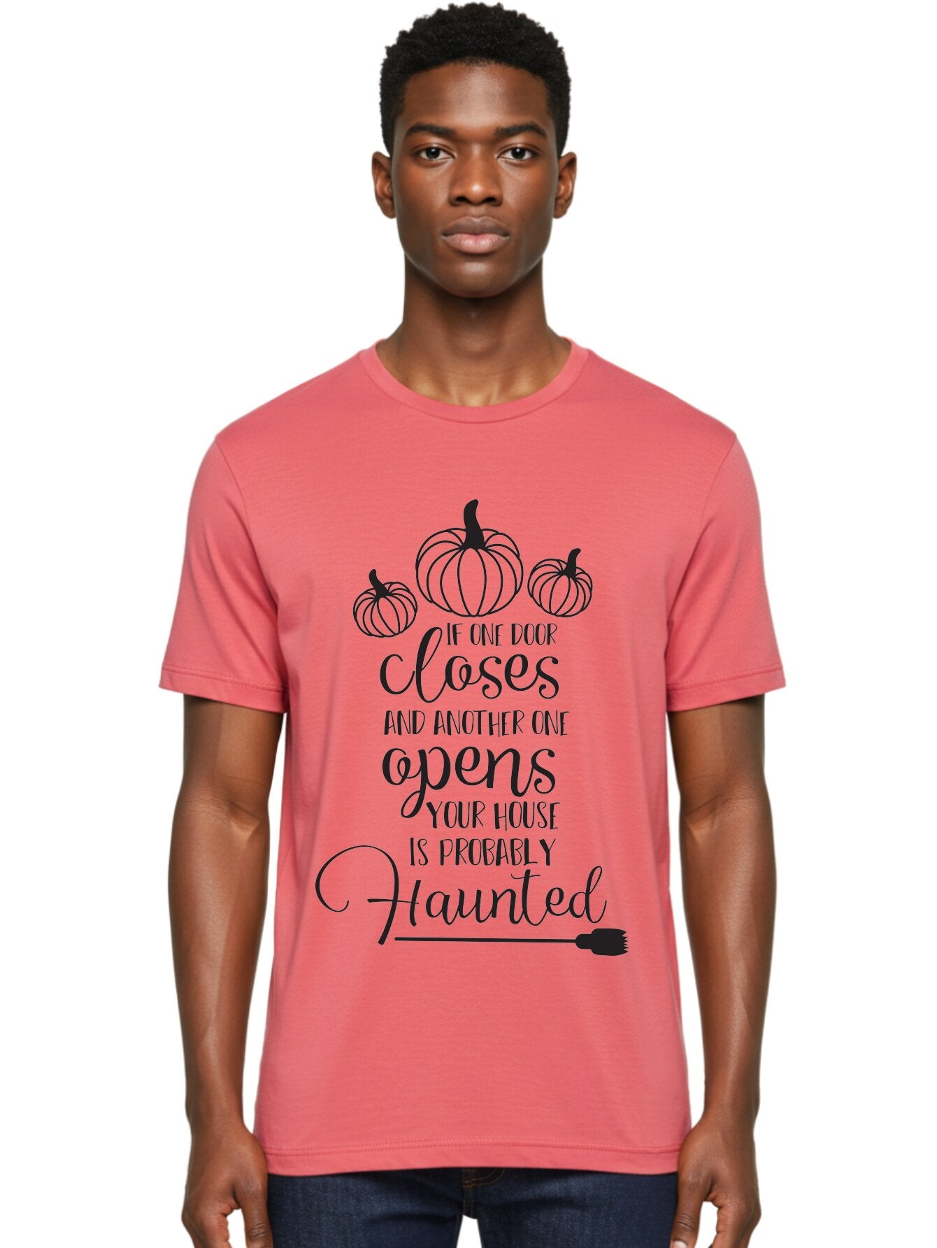 Haunted-House-Quote Men'S Graphic Tee, 100% Cotton, Comfortable Casual Summer Wear, Machine Washable, Halloween Quote, Spooky Sayings, Haunted House, Autumn Decorations, Pumpkin Illustrations, Black Silhouettes, Witch'S Broom, Fall Vibes, Aac799 17