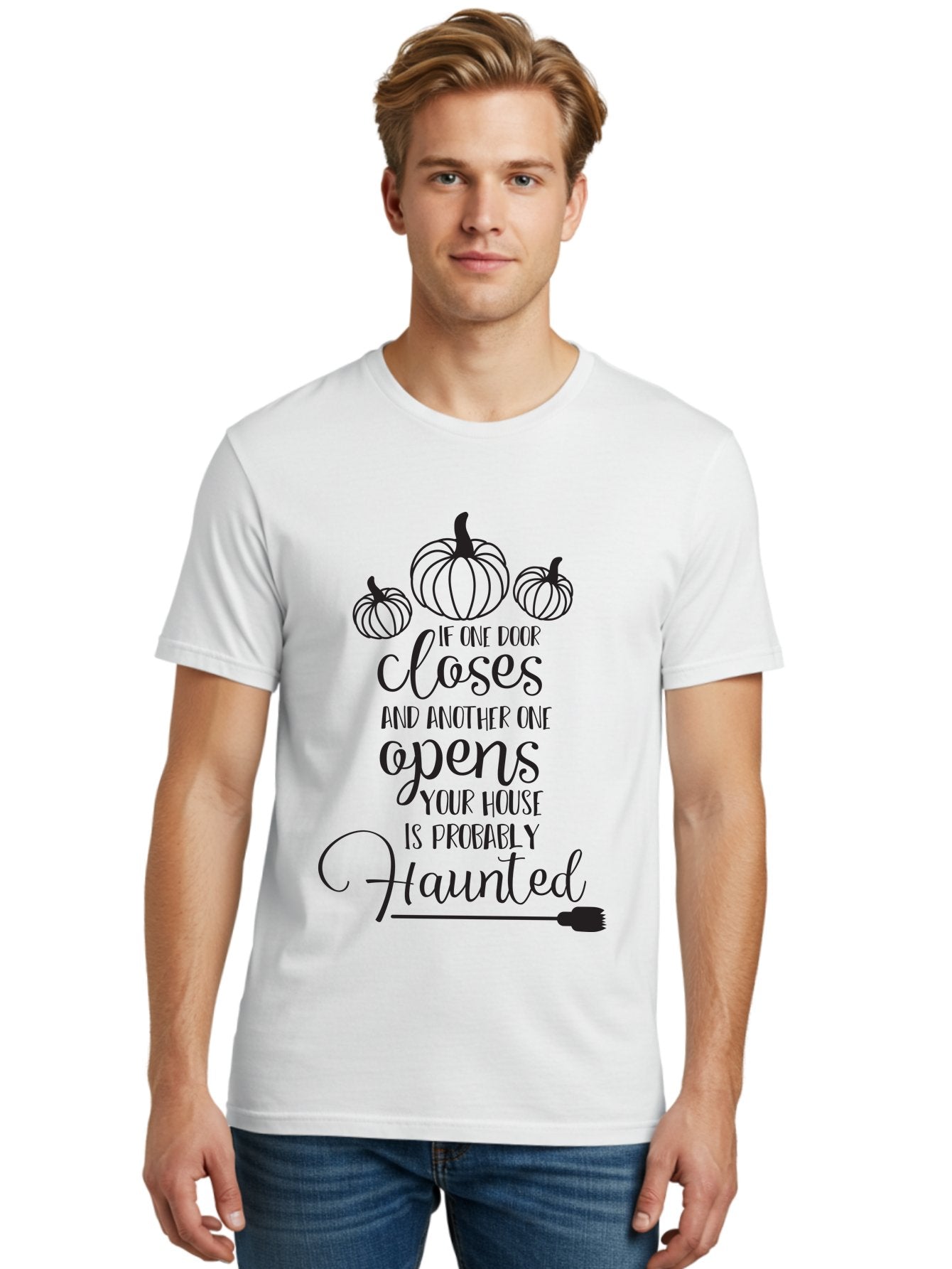 Haunted-House-Quote Men'S Graphic Tee, 100% Cotton, Comfortable Casual Summer Wear, Machine Washable, Halloween Quote, Spooky Sayings, Haunted House, Autumn Decorations, Pumpkin Illustrations, Black Silhouettes, Witch'S Broom, Fall Vibes, Aac799 24