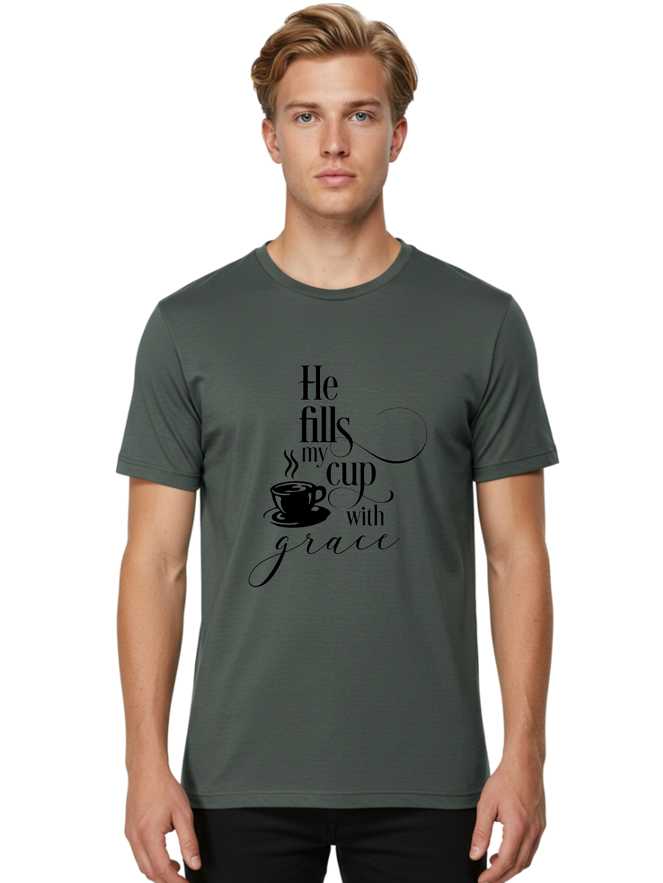 He-Fills-My-Cup-With-Grace Men'S Graphic Tee, 100% Cotton, Comfortable Casual Summer Wear, Machine Washable, Inspirational Quote, Coffee Cup, Steaming Hot, Morning Motivation, Faith-Based Design, Coffee Break, Motivational Words, Aac802 28