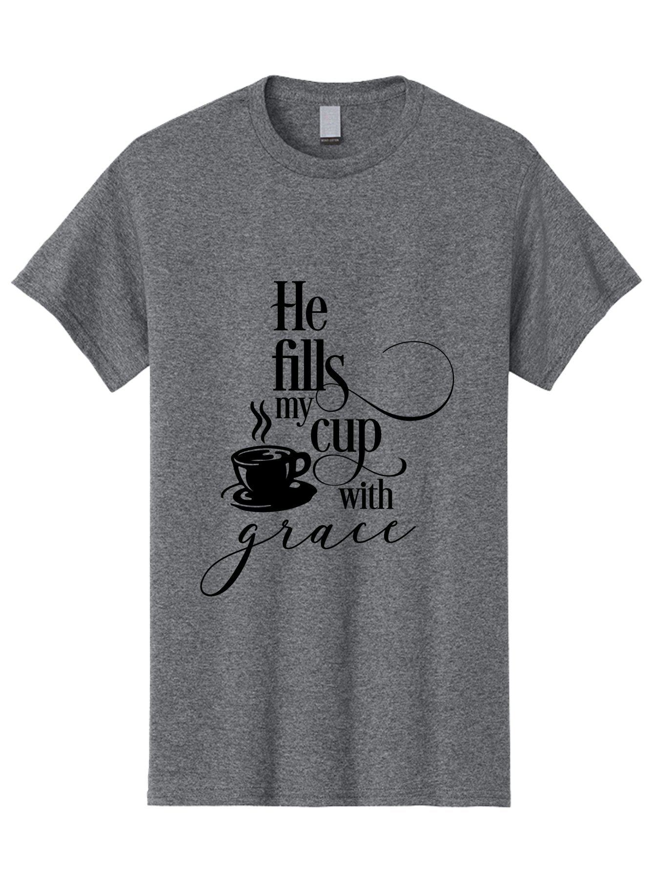 He-Fills-My-Cup-With-Grace Men'S Graphic Tee, 100% Cotton, Comfortable Casual Summer Wear, Machine Washable, Inspirational Quote, Coffee Cup, Steaming Hot, Morning Motivation, Faith-Based Design, Coffee Break, Motivational Words, Aac802