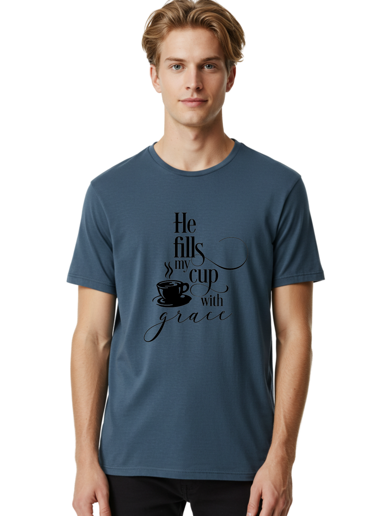 He-Fills-My-Cup-With-Grace Men'S Graphic Tee, 100% Cotton, Comfortable Casual Summer Wear, Machine Washable, Inspirational Quote, Coffee Cup, Steaming Hot, Morning Motivation, Faith-Based Design, Coffee Break, Motivational Words, Aac802 4